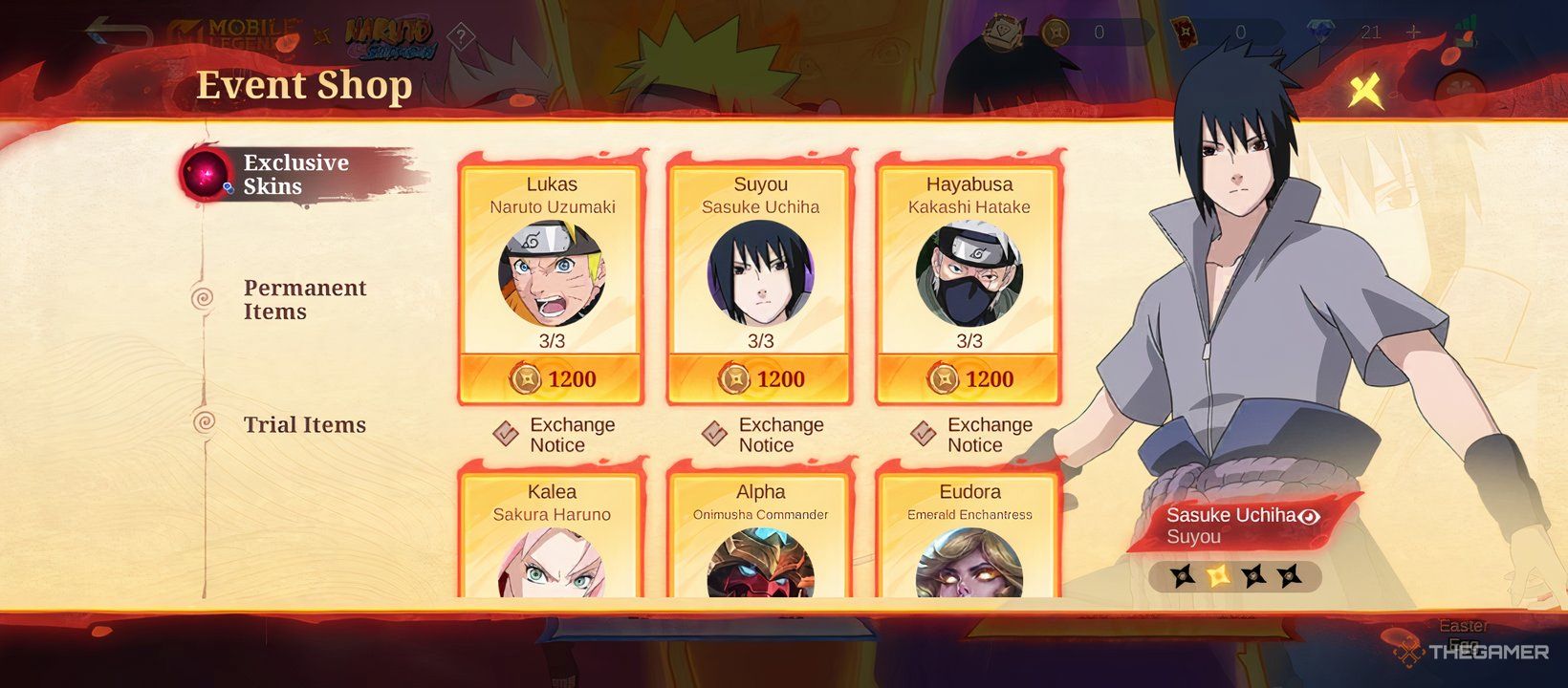 Screenshot of the MLBB X Naruto Skin Draw gacha shop showing the Sakura, Naruto, Sasuke, and Kakshi skins.