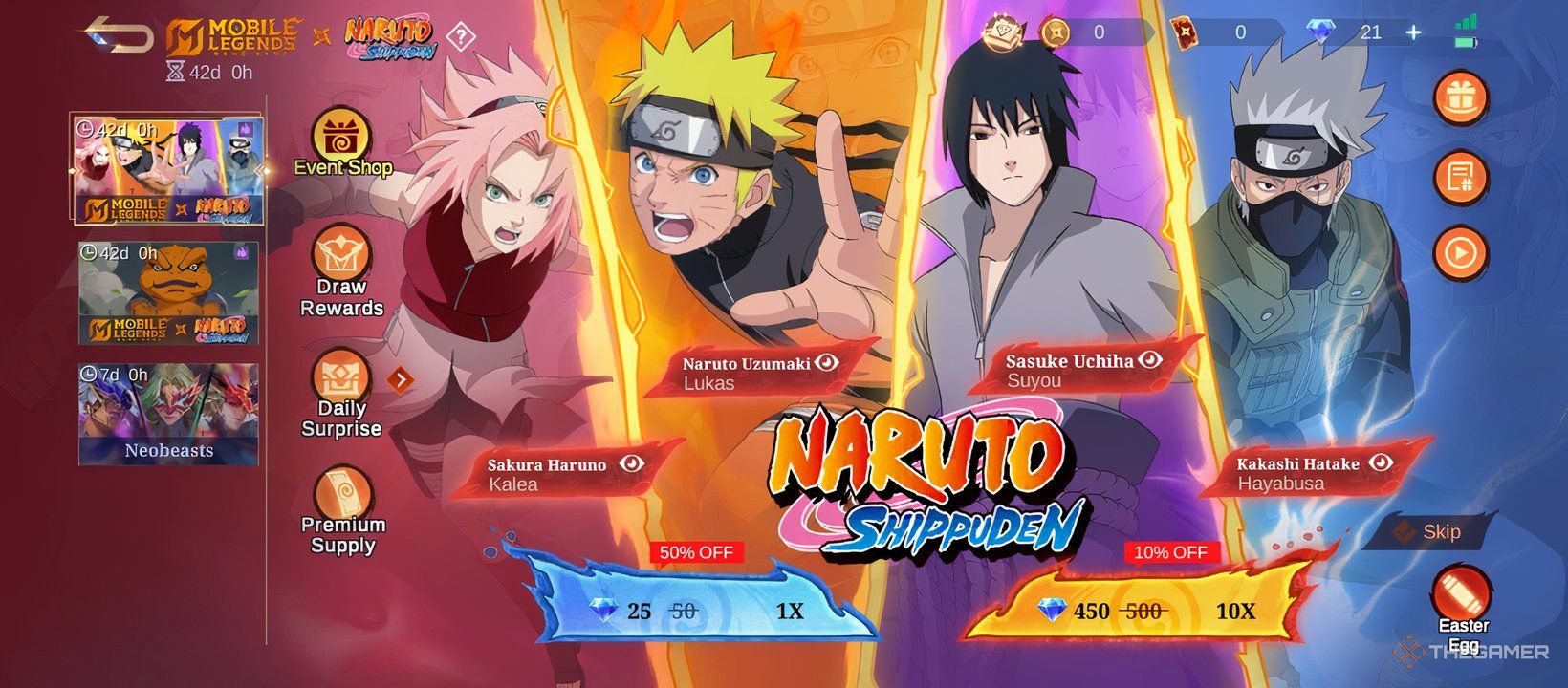Screenshot of the MLBB X Naruto Skin Draw gacha supply page showing the Sakura, Naruto, Sasuke, and Kakshi skins.