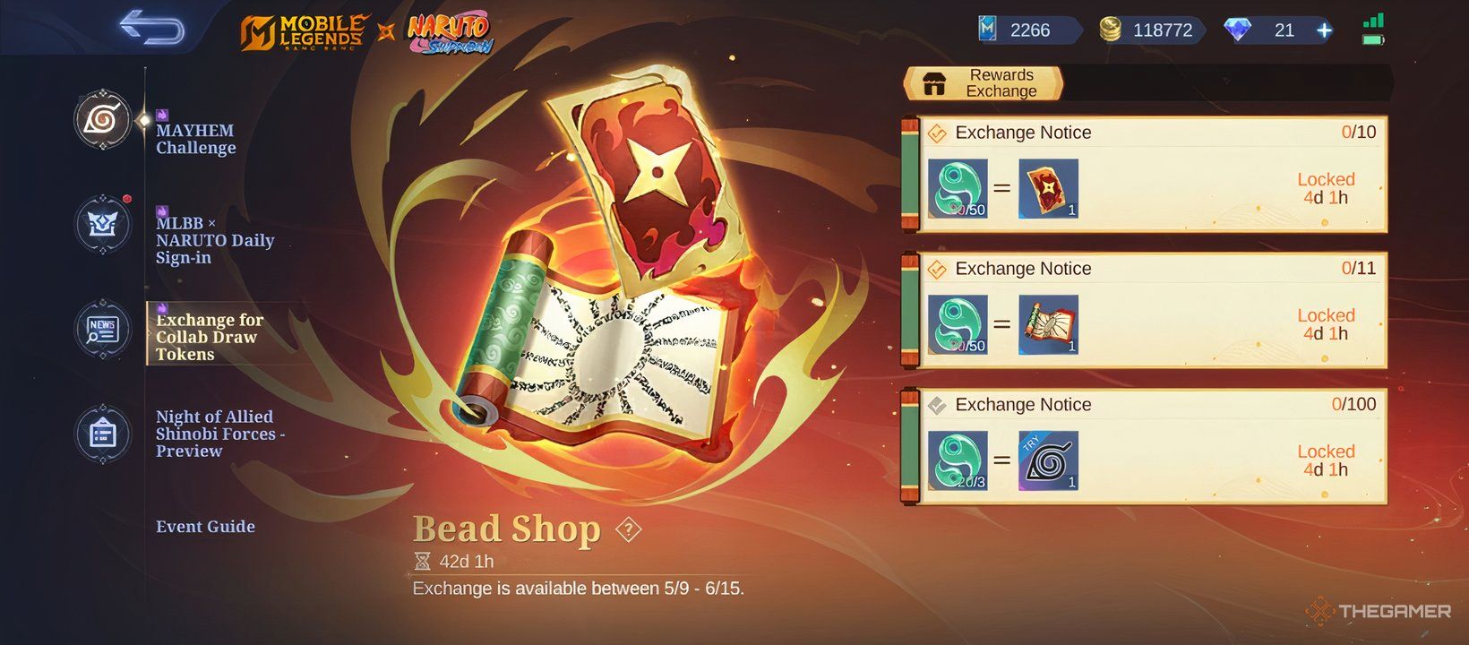 Screenshot of the Naruto X MLBB Bead Shop where you can buy free Exchange Tokens in Mobile Legends.