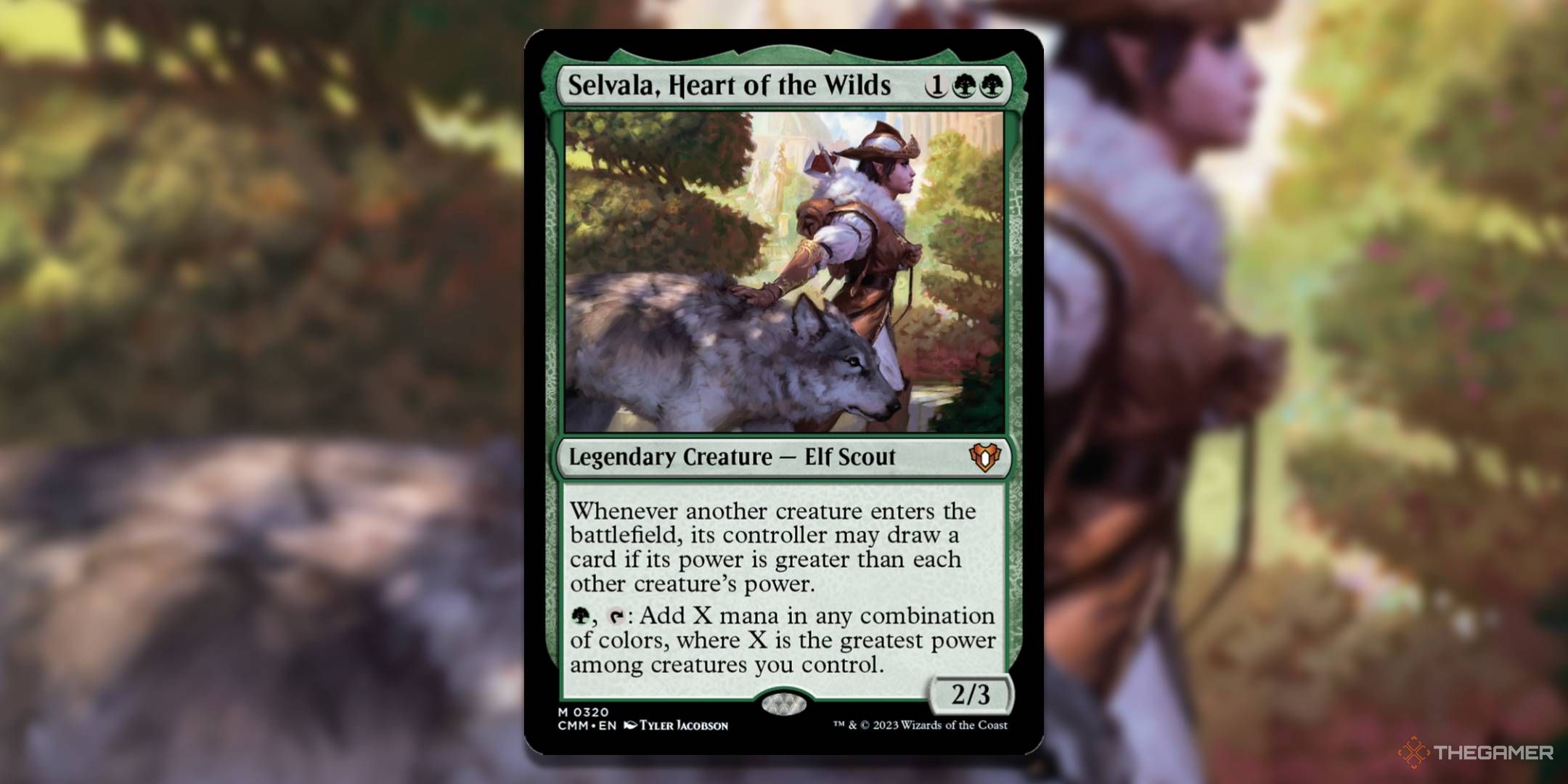 Selvala, Heart of the Wilds card with the art in the background.