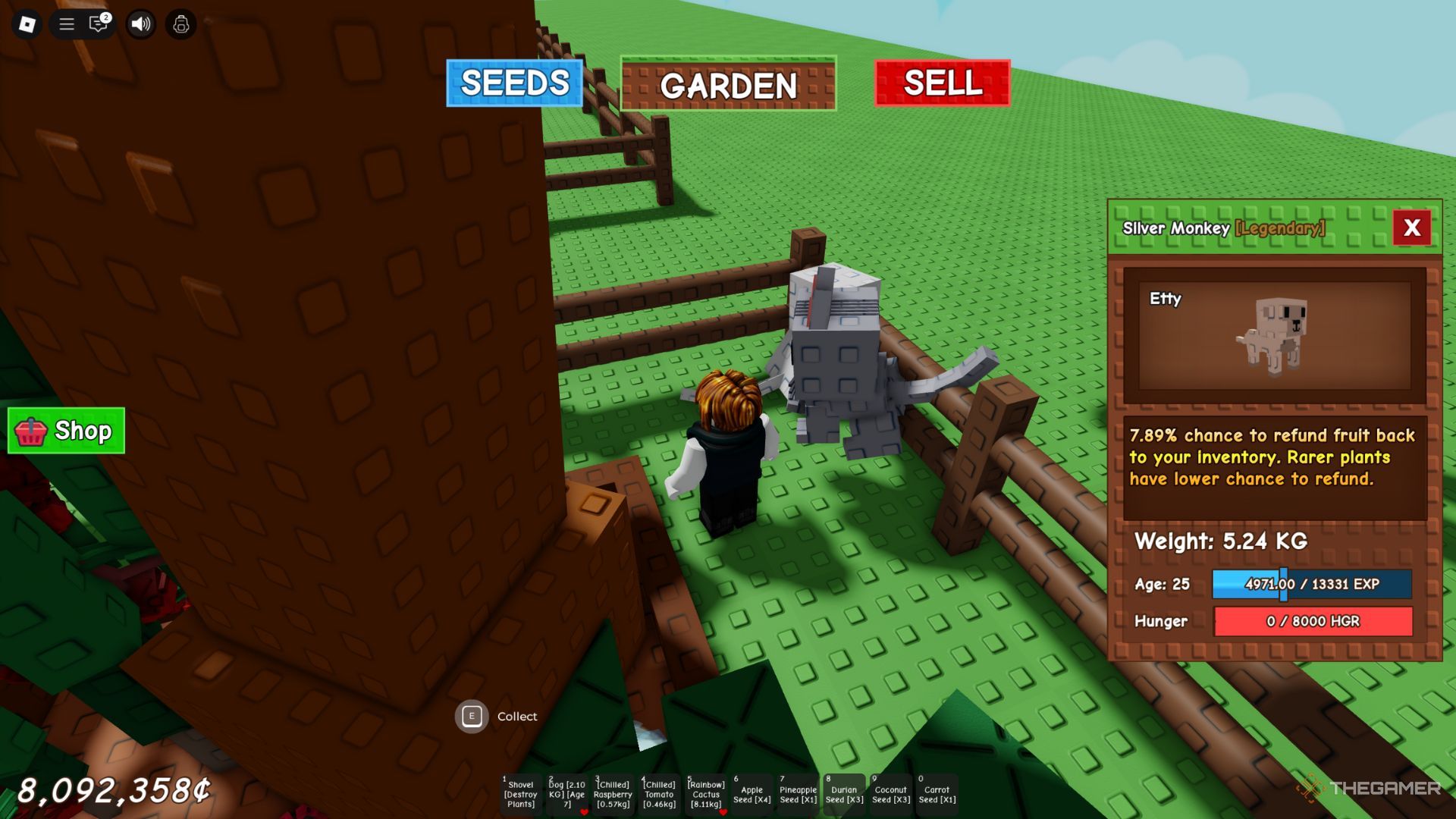 The player character shows a Silver Monkey on his garden in Grow A Garden.