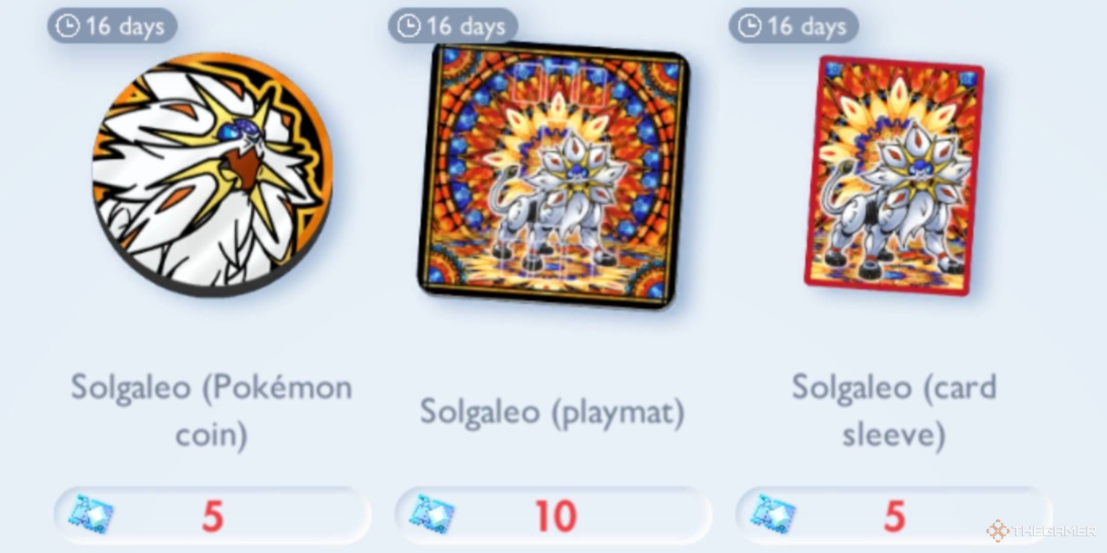 The Solgaleo coin, playmat, and sleeves in the Wonder Pick Event Shop in Pokemon TCG Pocket.