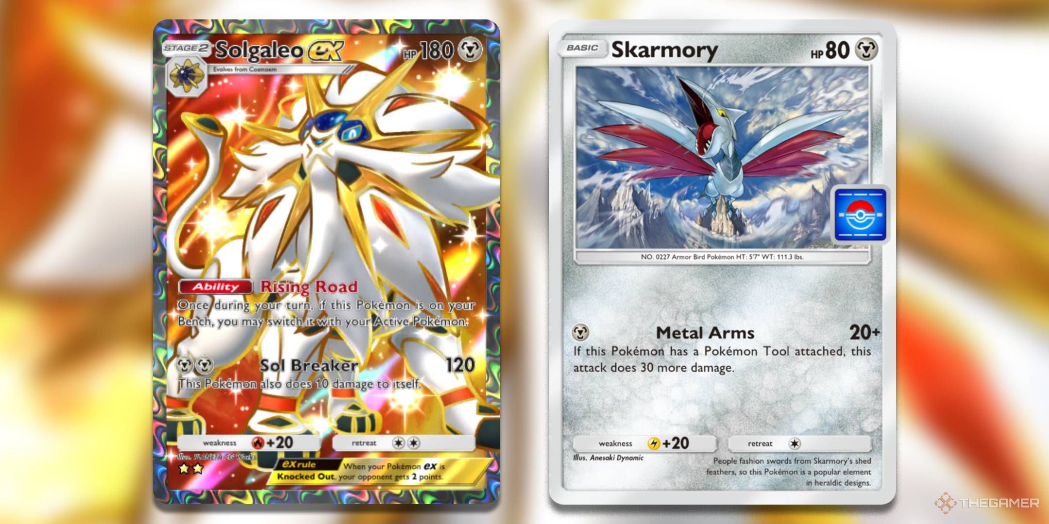 The Solgaleo ex and Skarmory cards, from Pokemon TCG Pocket