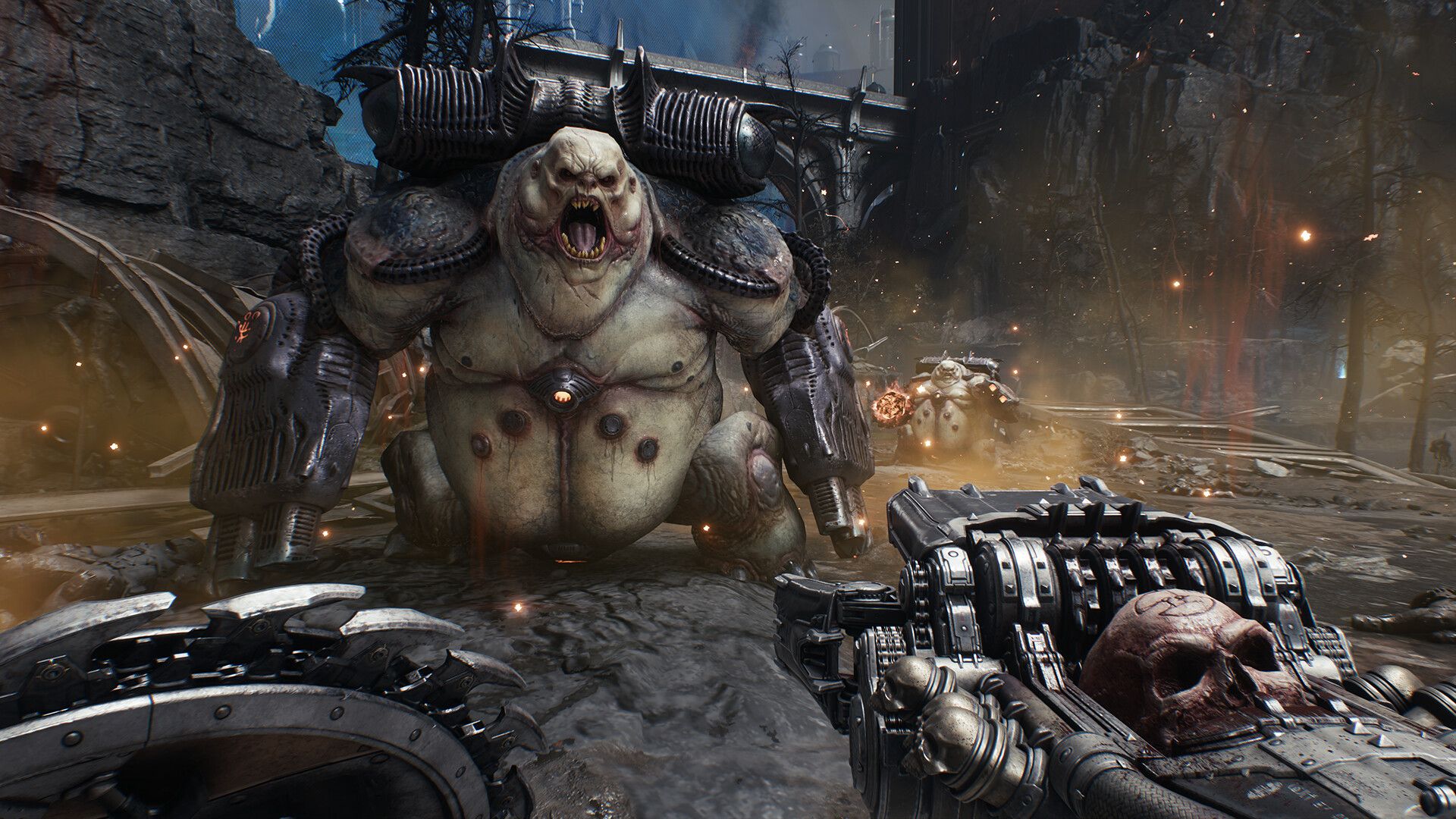 The player aims a skull launcher at a large demon in Doom: The Dark Ages. 
