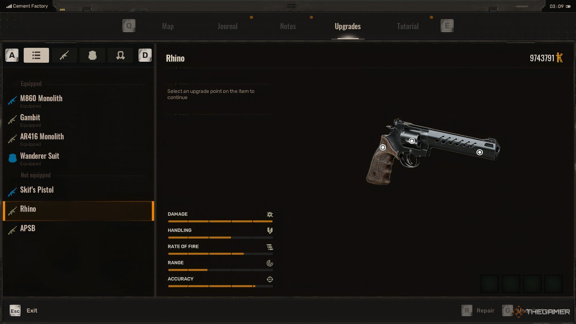 The Rhino revolver and its stats in Stalker 2.