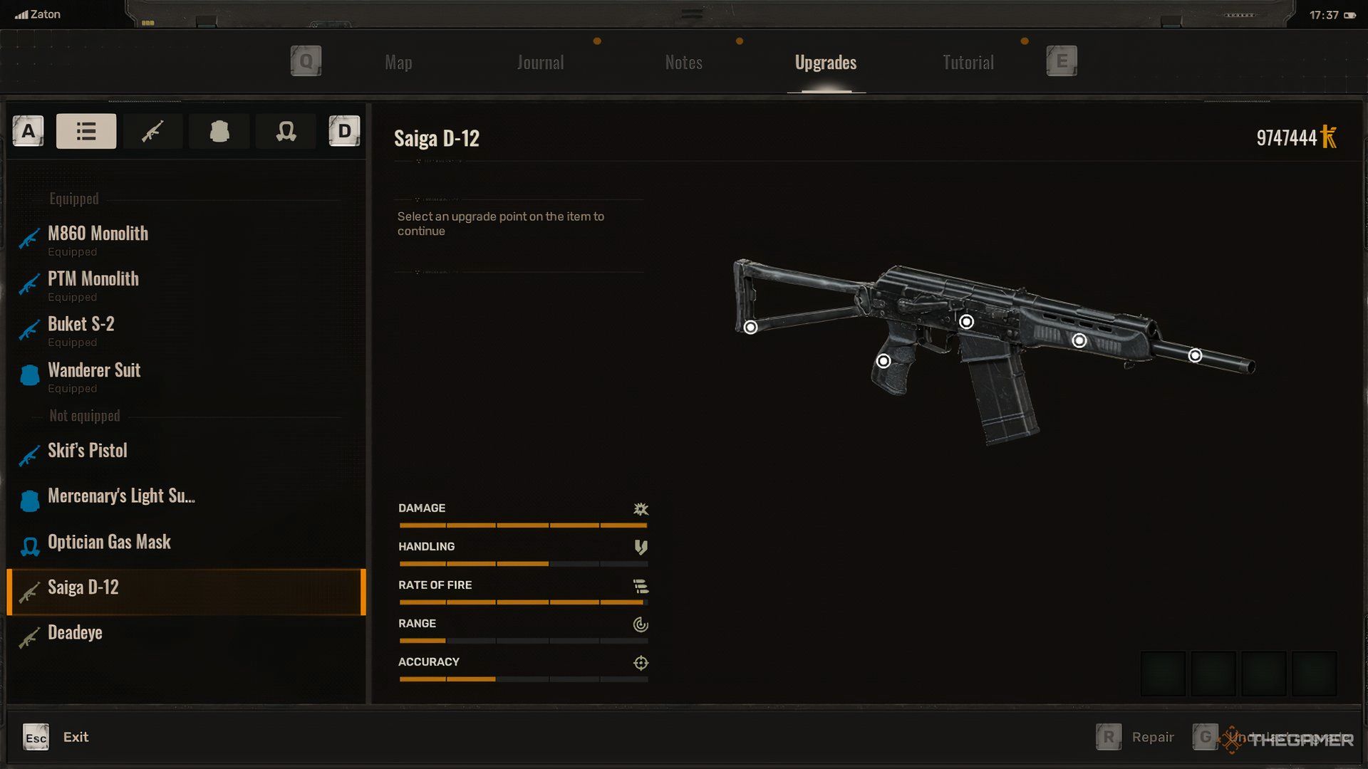 The Saiga D-12 shotgun with its stats in Stalker 2.