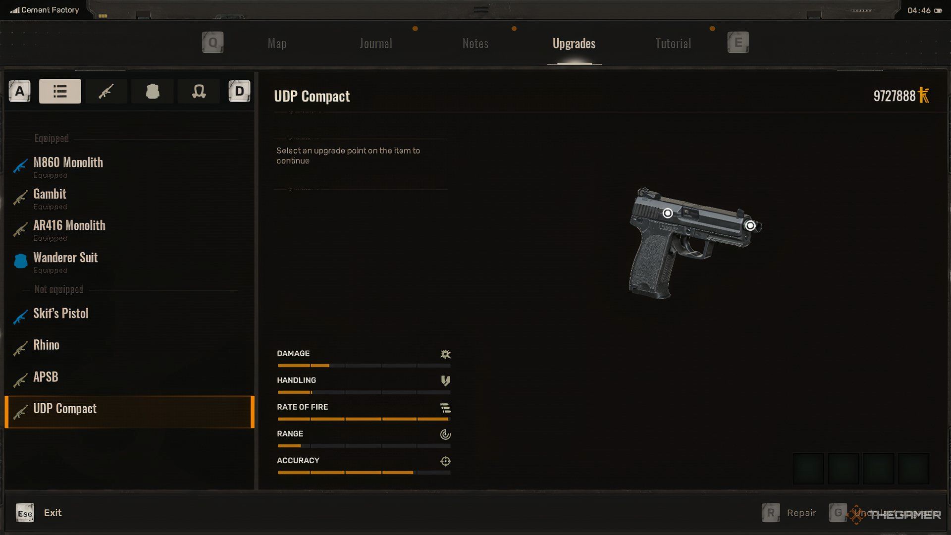 The UDP Compact pistol with its stats in Stalker 2.