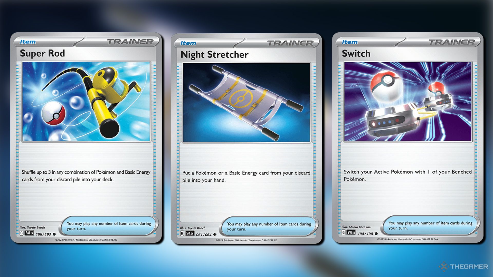 Super Rod, Night Stretcher and Switch cards from Pokemon TCG.