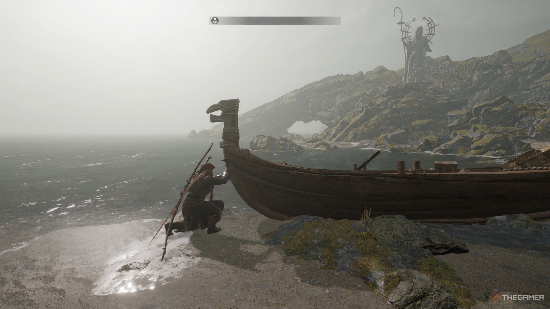 Tainted Grail Fall of Avalon A man working on a ship at the beach in full armor.