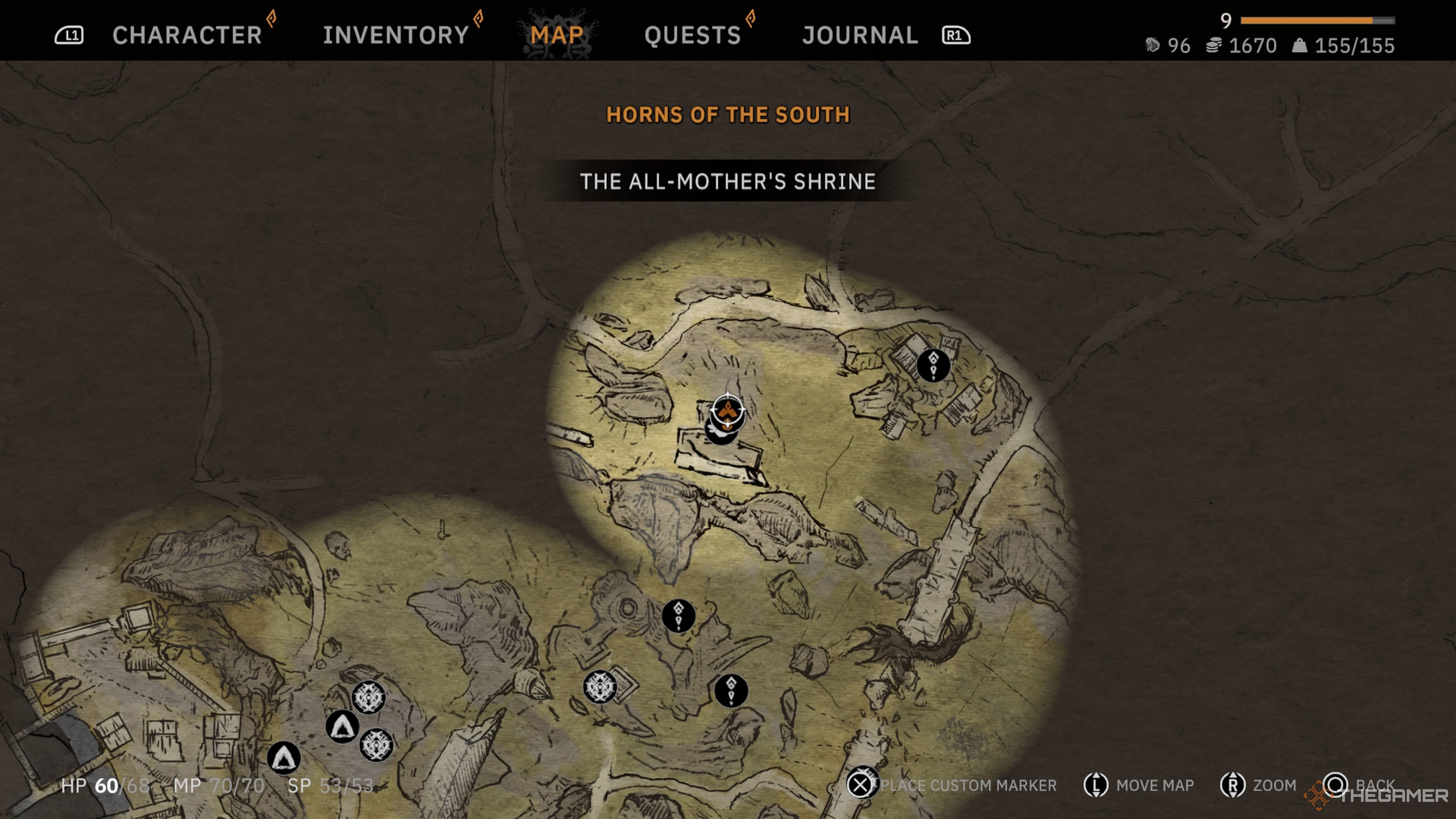 Close up view of a central part of the Horns Of The South map with a marker on the second All-Mother's Shrine location in Tainted Grail: The Fall Of Avalon.