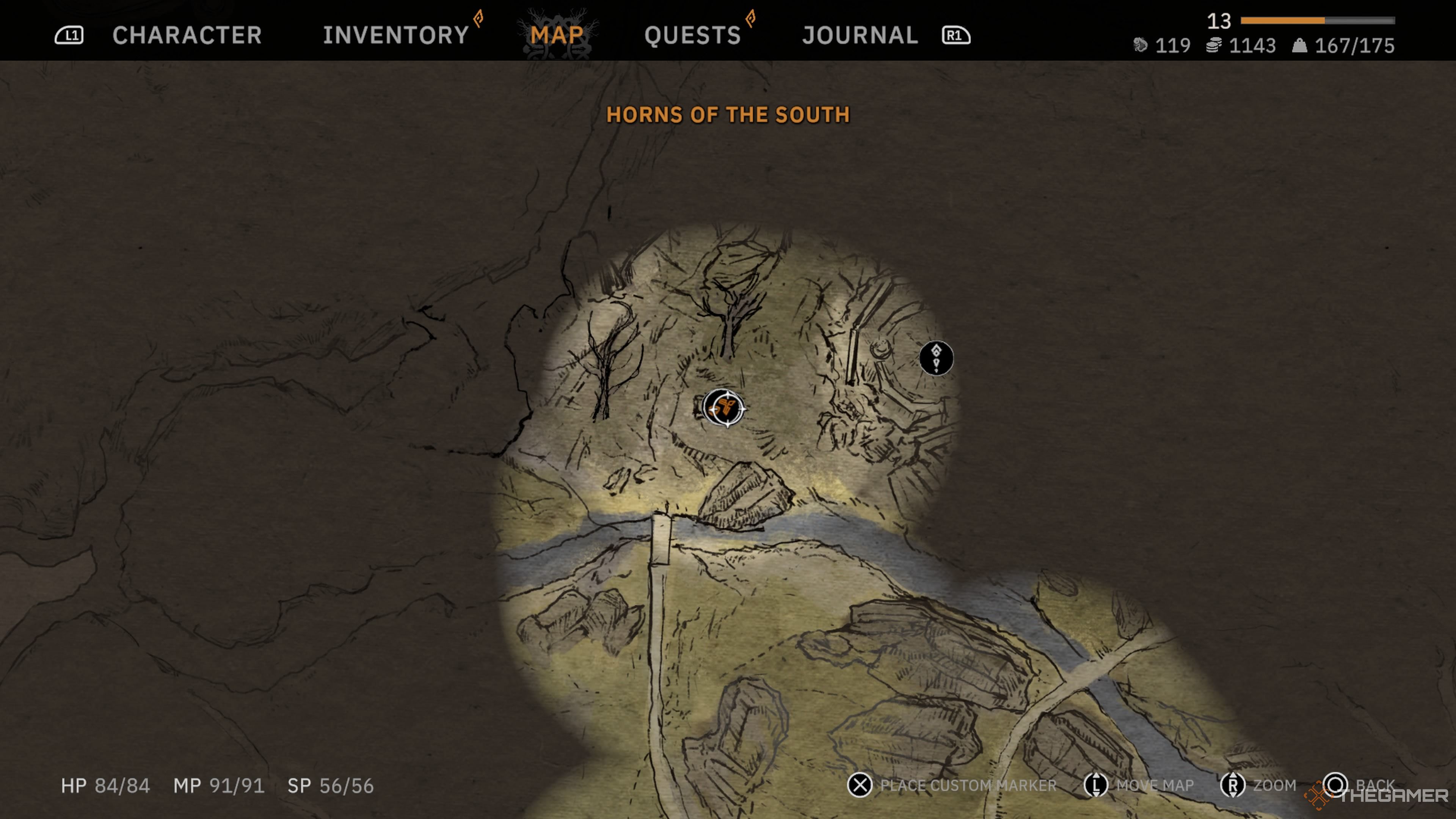 Close up view of a northern area of the Horns Of The South with a marker on the All-Mother Shrine location in Tainted Grail: The Fall Of Avalon.