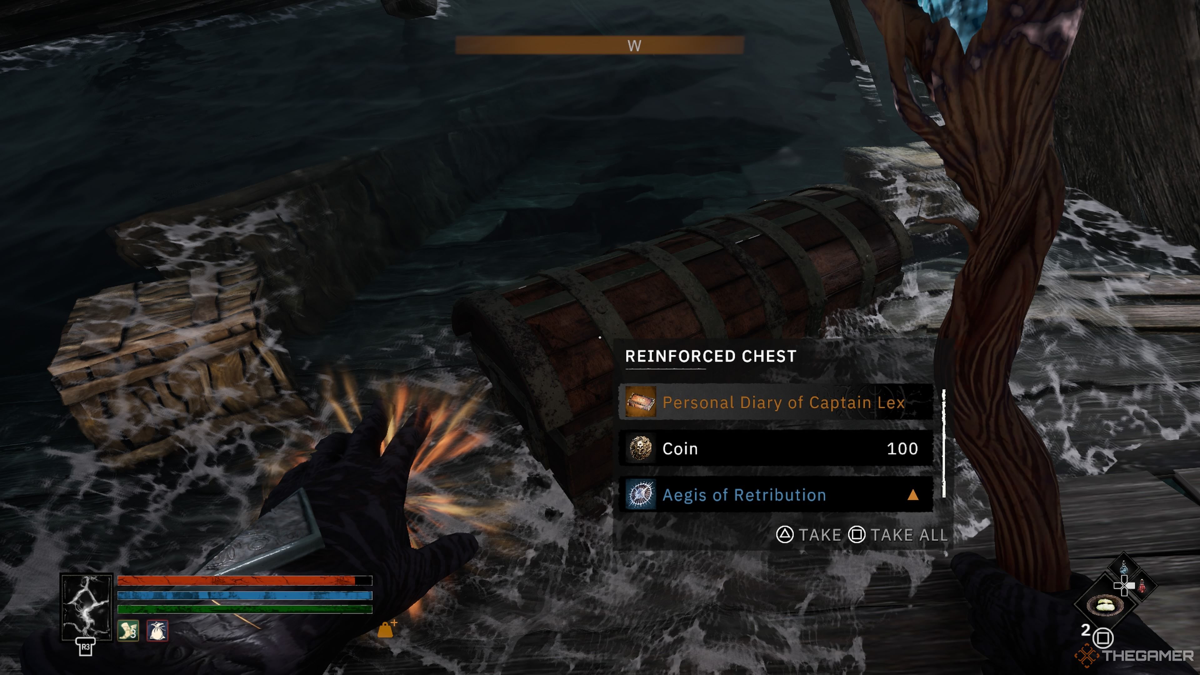 Player character opening a large chest in a shipwreck that contains the Personal Diary of Captain Lex in Tainted Grail: The Fall Of Avalon.
