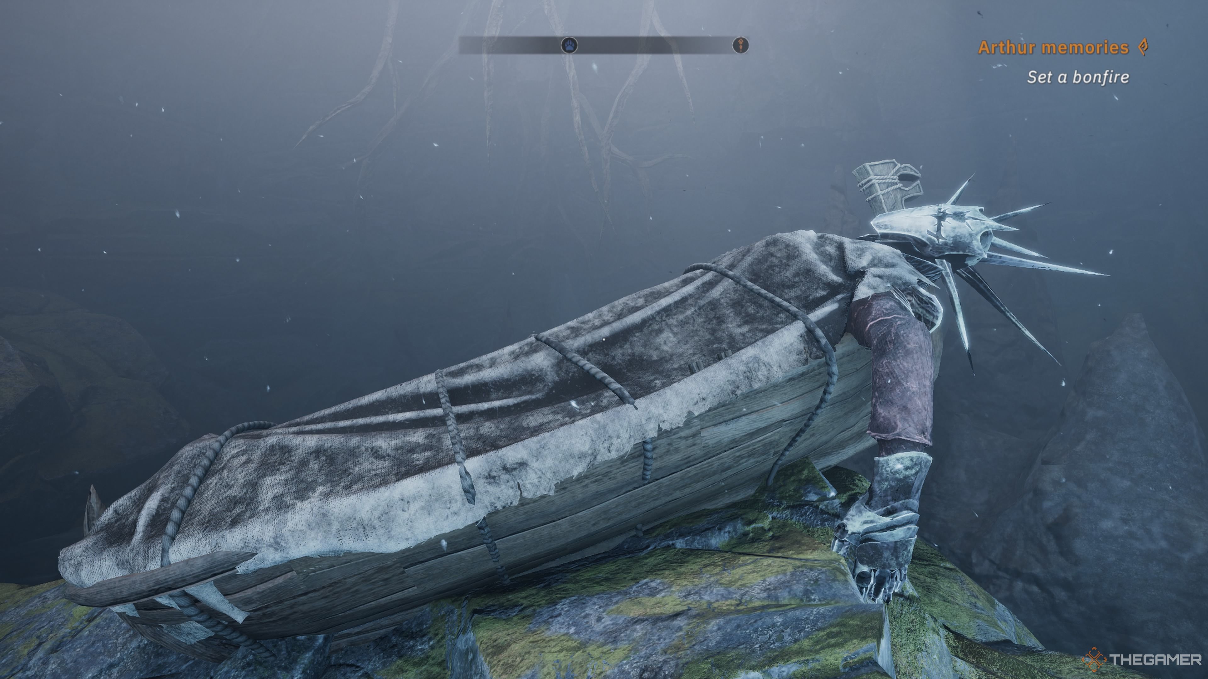 Player character standing on a rock formation and looking at a body laying in a boat in Tainted Grail: The Fall Of Avalon.