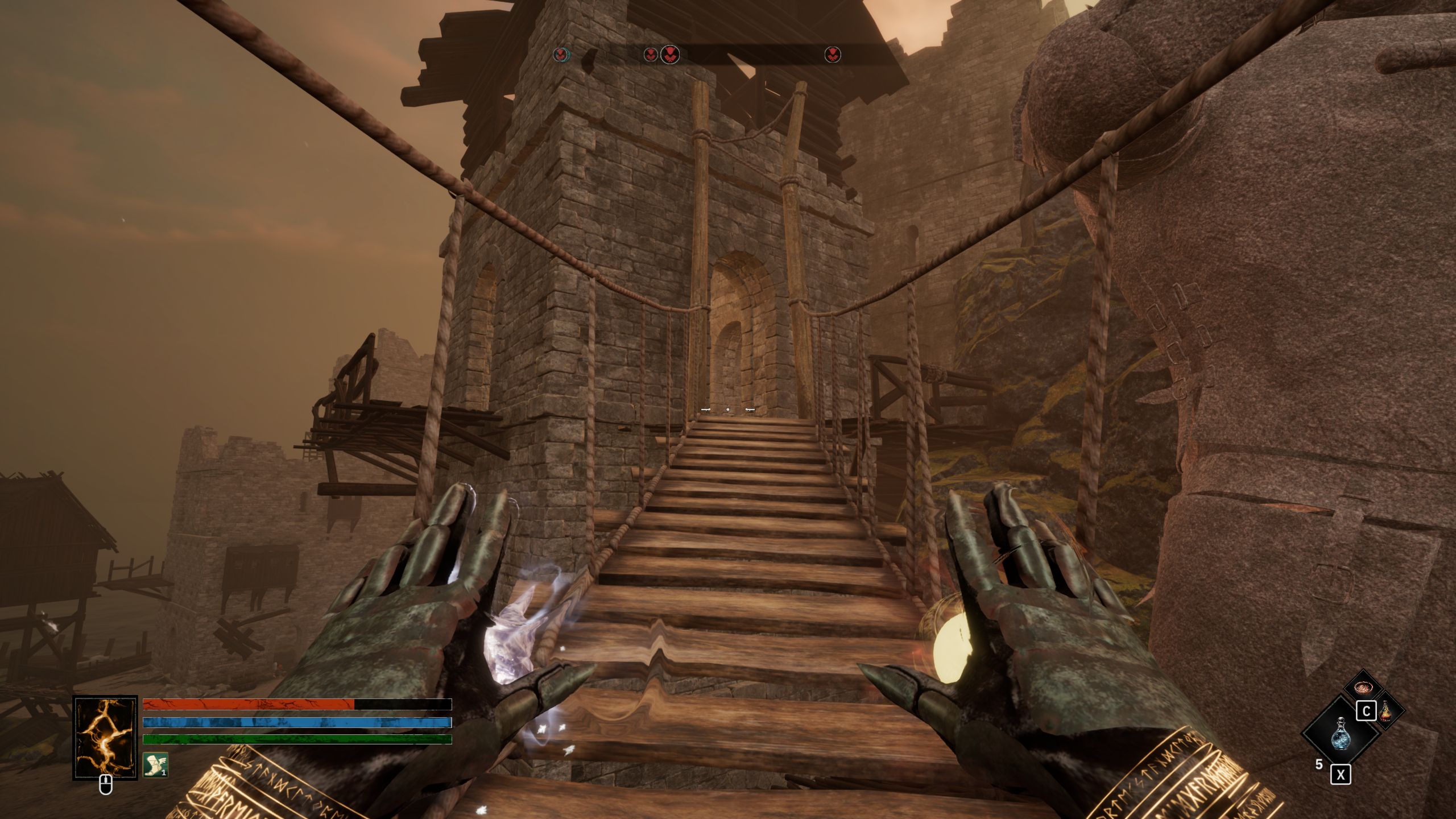 Character heading into the watchtower of the Sunken Village in Tainted Grail: The Fall Of Avalonr