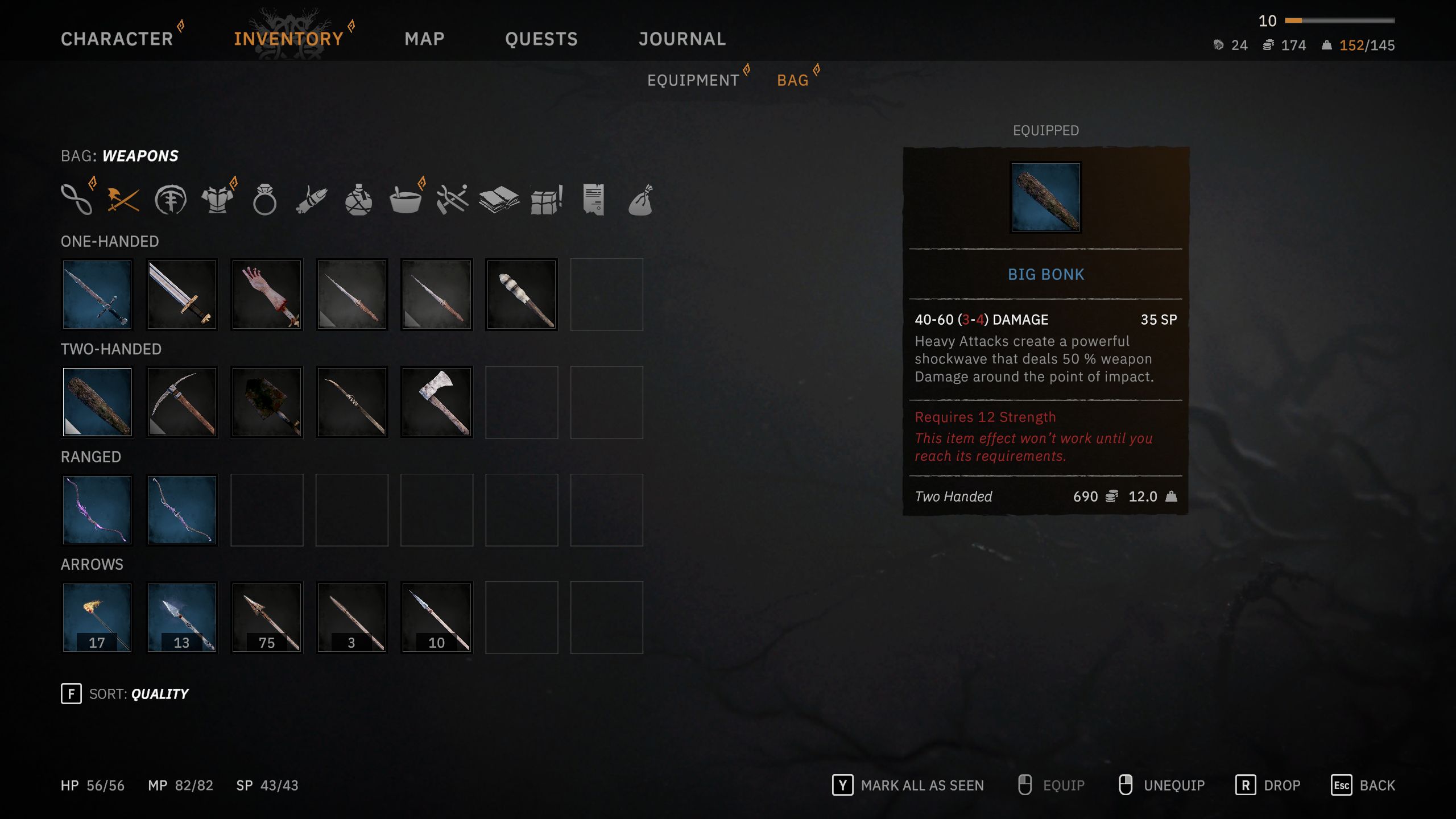 Big Bonk menu in Tainted Grail: The Fall Of Avalon.