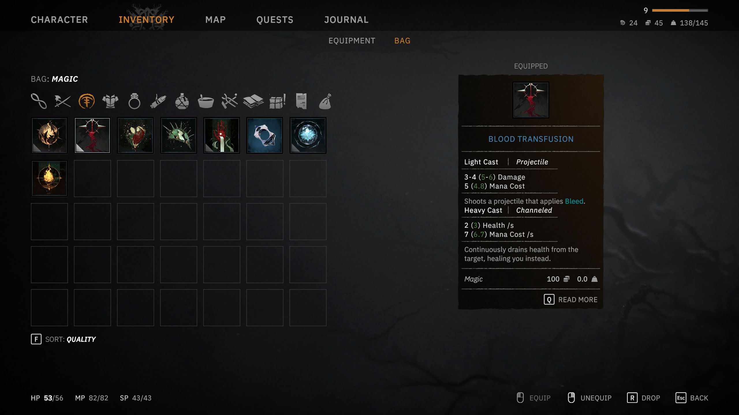 Blood Transfusion menu info in Tainted Grail: The Fall Of Avalon.
