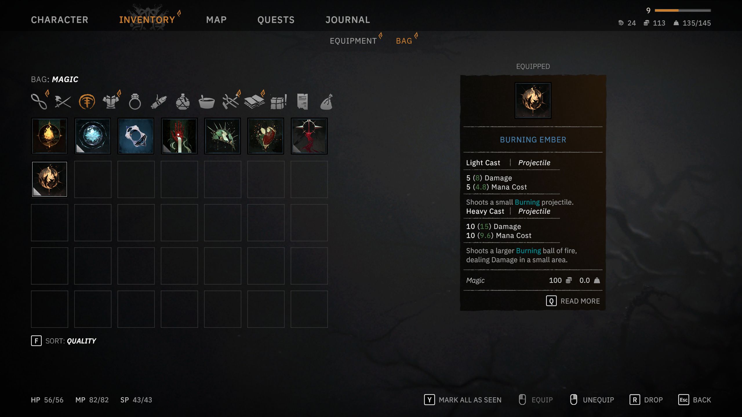 Burning Ember menu info in Tainted Grail: The Fall Of Avalon.