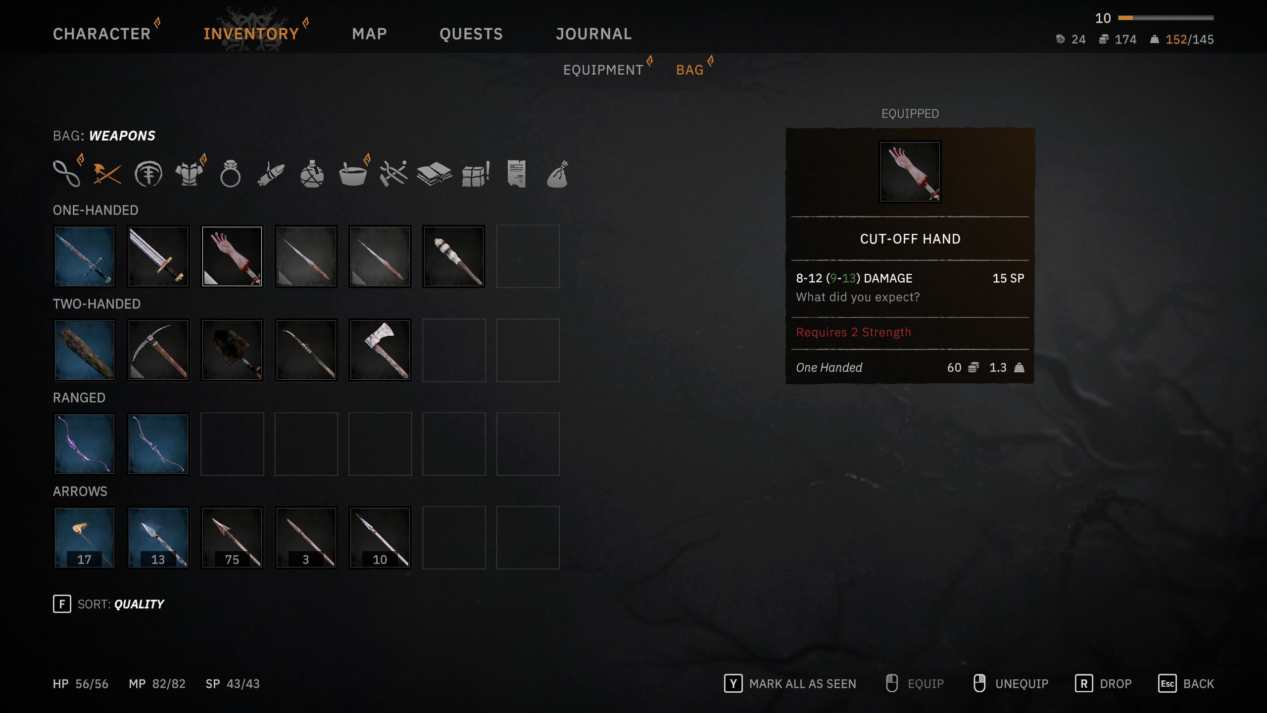Cut-Off Hand menu in Tainted Grail: The Fall Of Avalon.