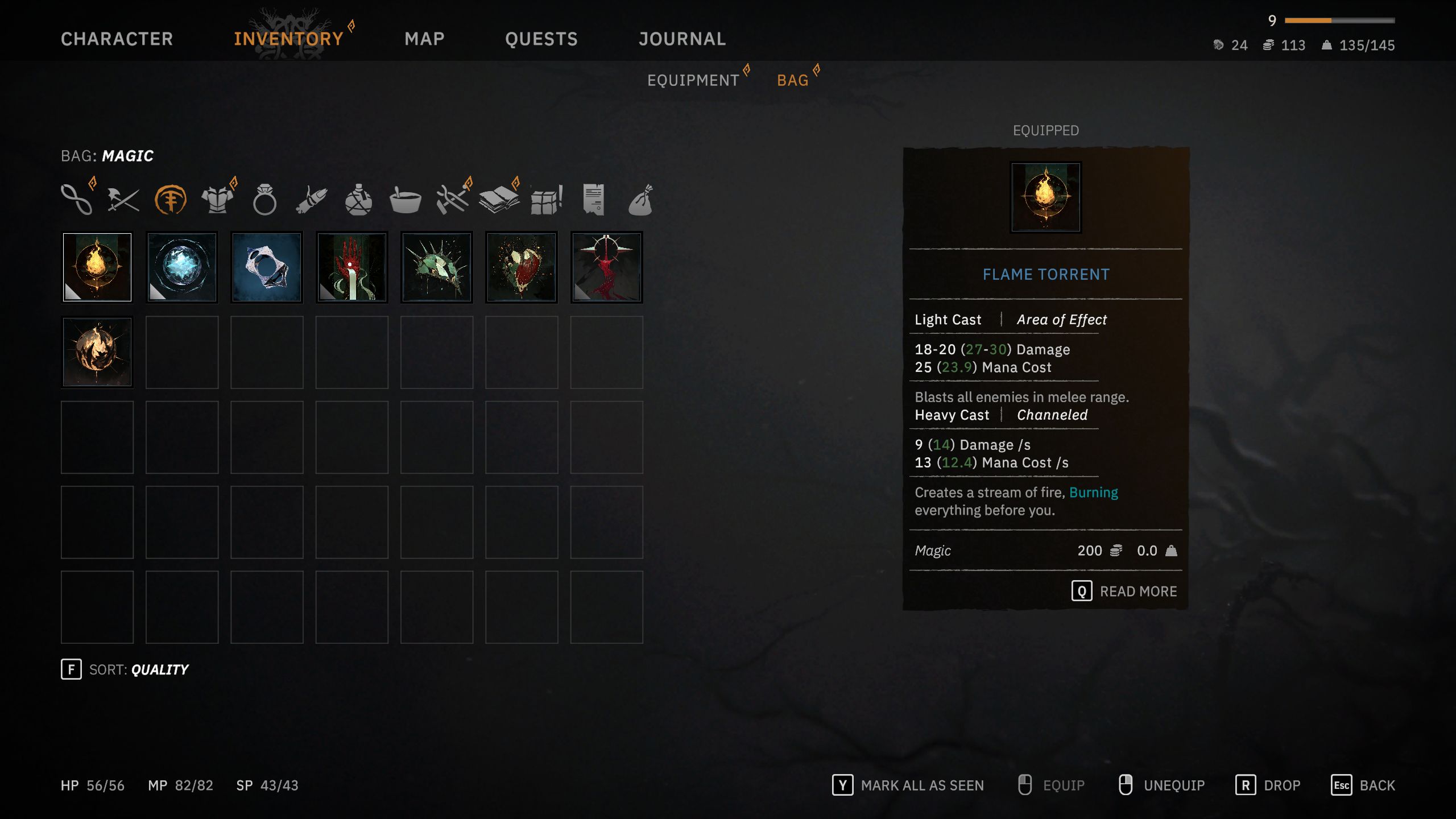 Flame Torrent menu info in Tainted Grail: The Fall Of Avalon.