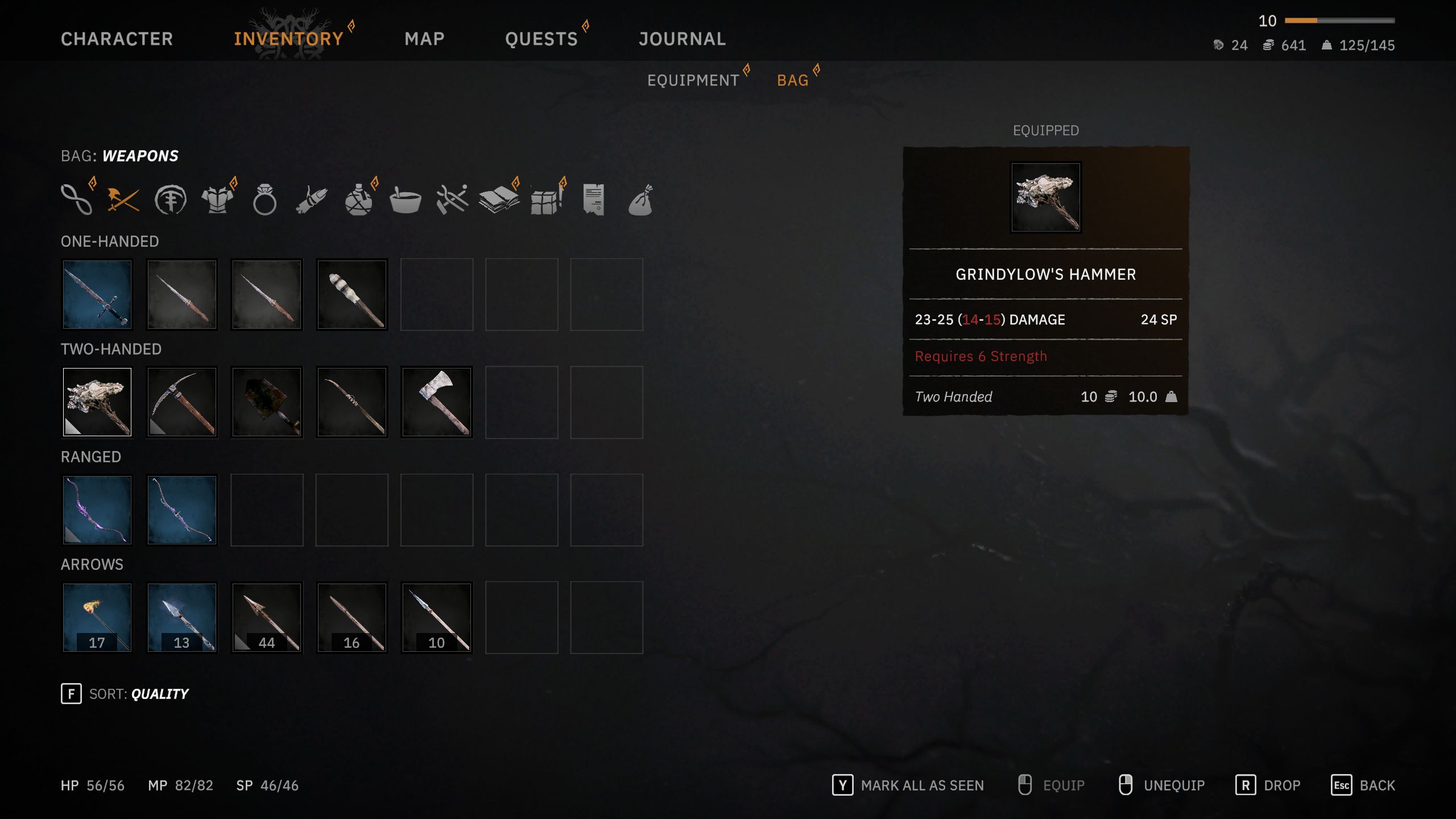 Grindylow's Hammer menu in Tainted Grail: The Fall Of Avalon.