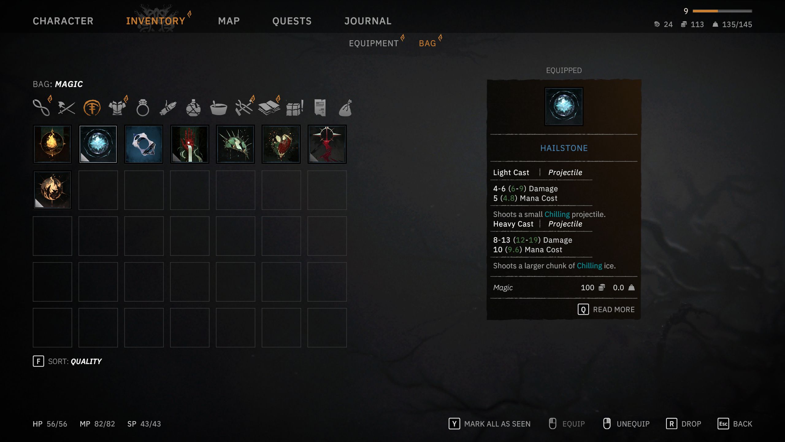 Hailstone menu info in Tainted Grail: The Fall Of Avalon