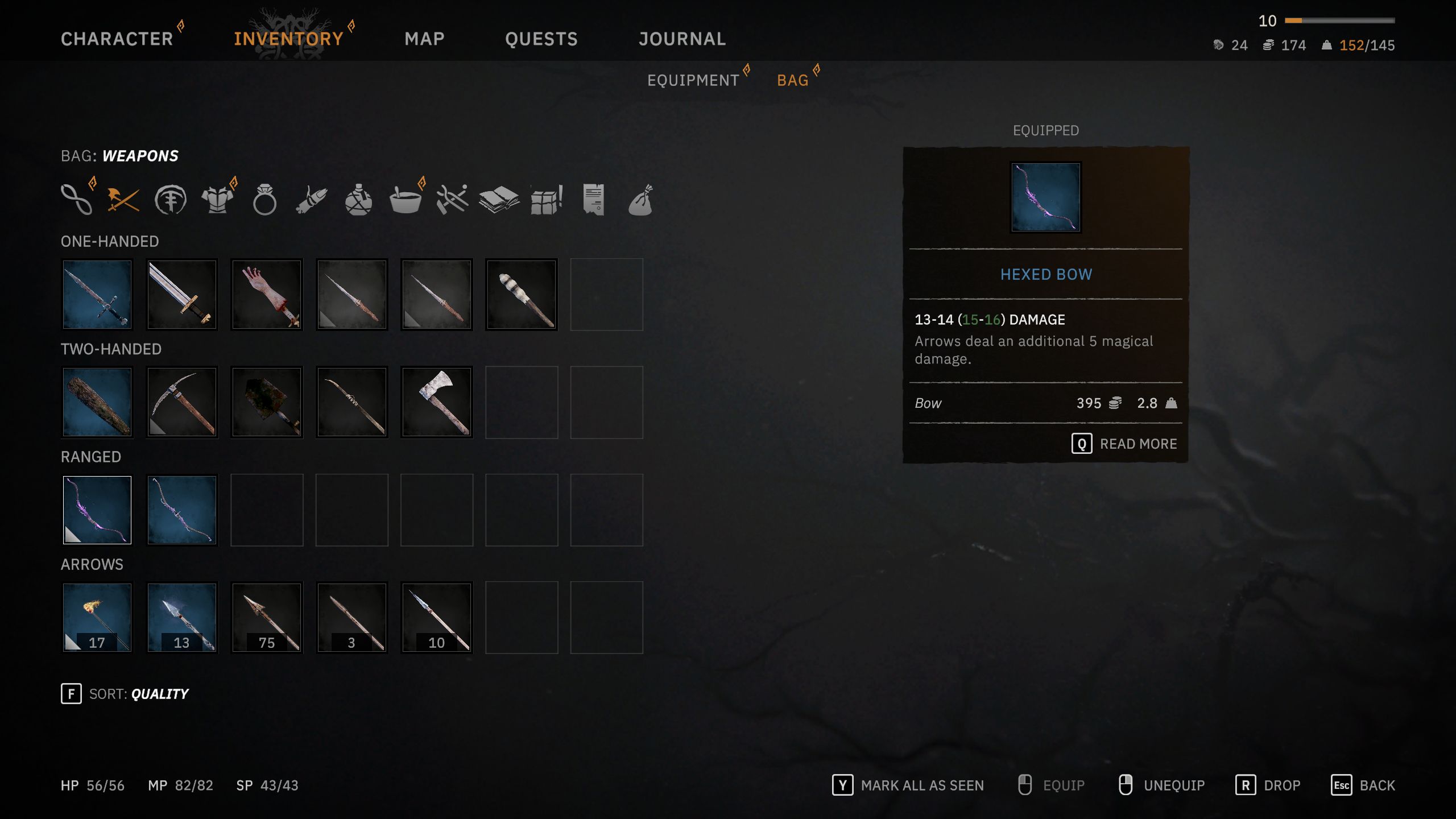 Hexed Bow menu in Tainted Grail: The Fall Of Avalon.