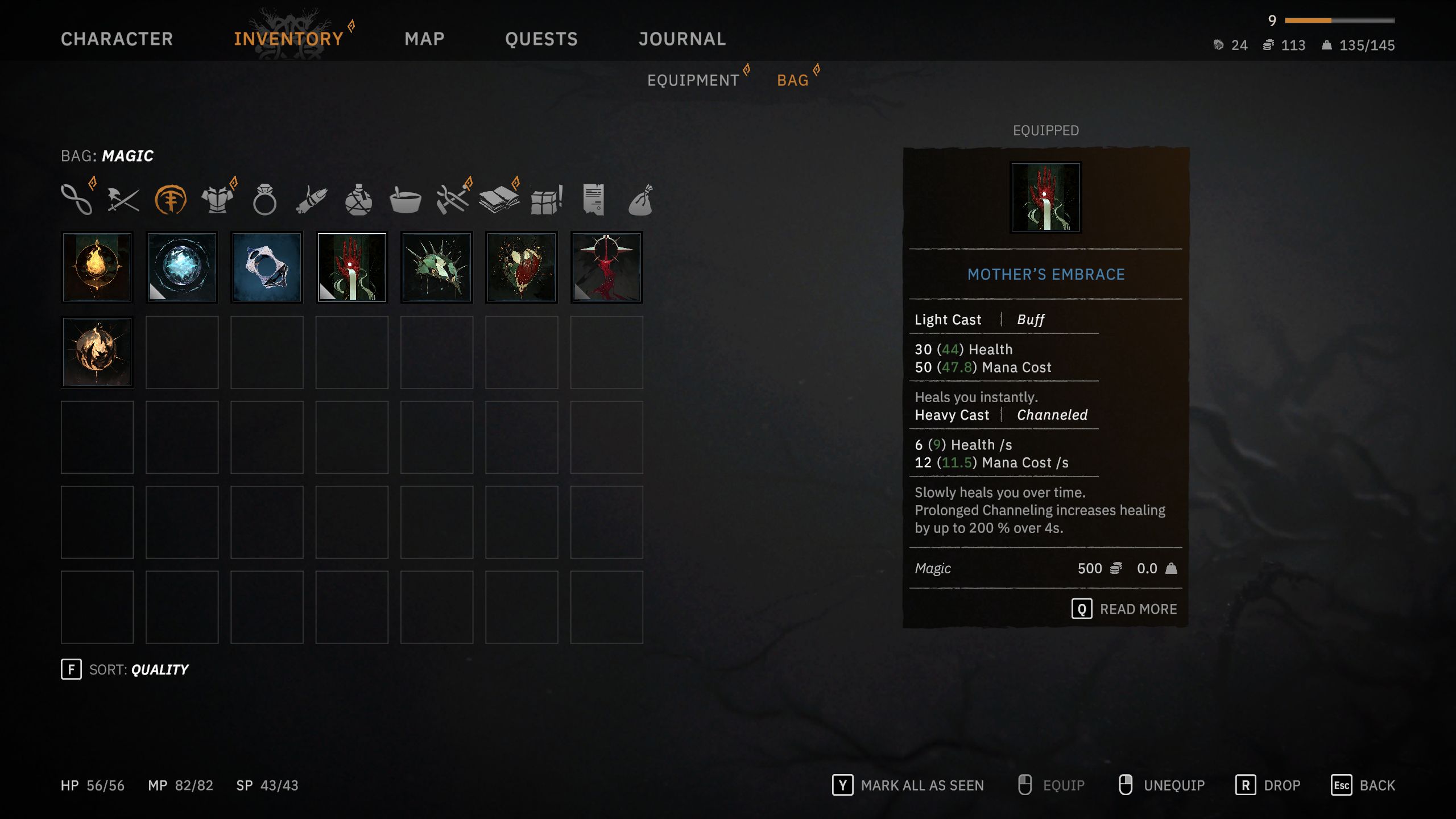 Mother's Embrace menu info in Tainted Grail: The Fall Of Avalon.