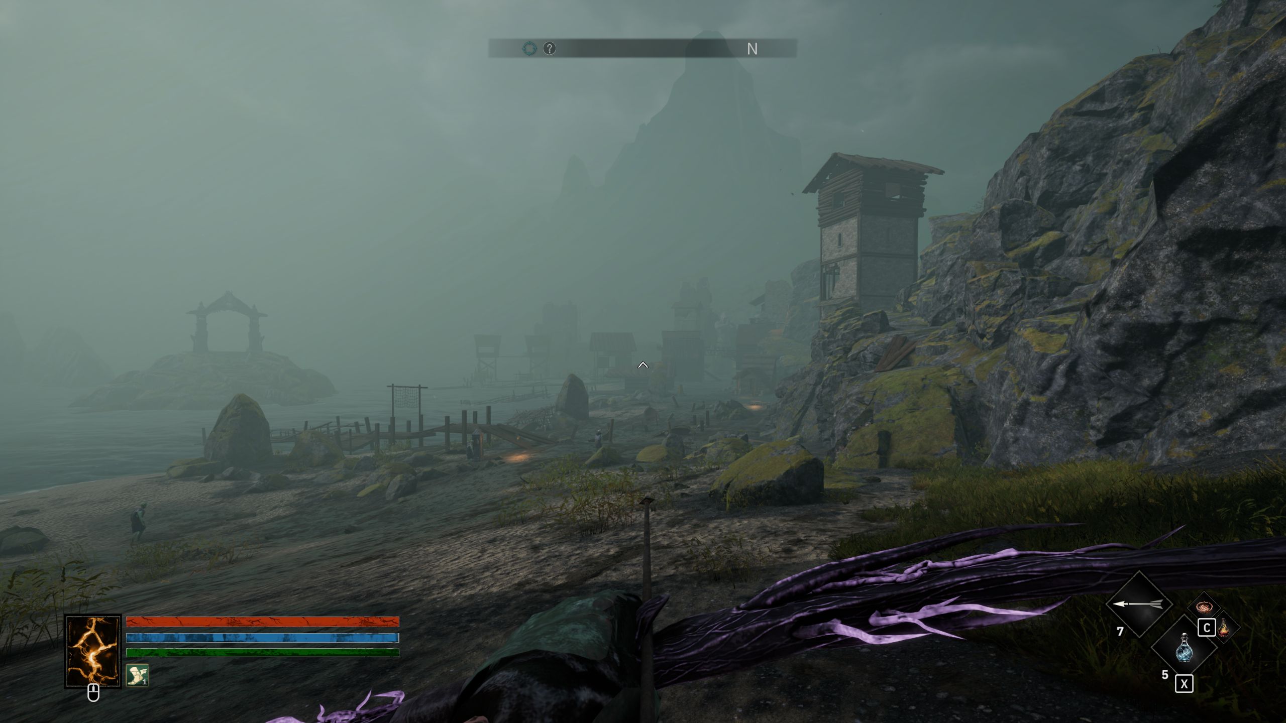 First pweson view of the main character getting into an unexplored area, with a Drowner looking in the distance in Tainted Grail: The Fall Of Avalon.