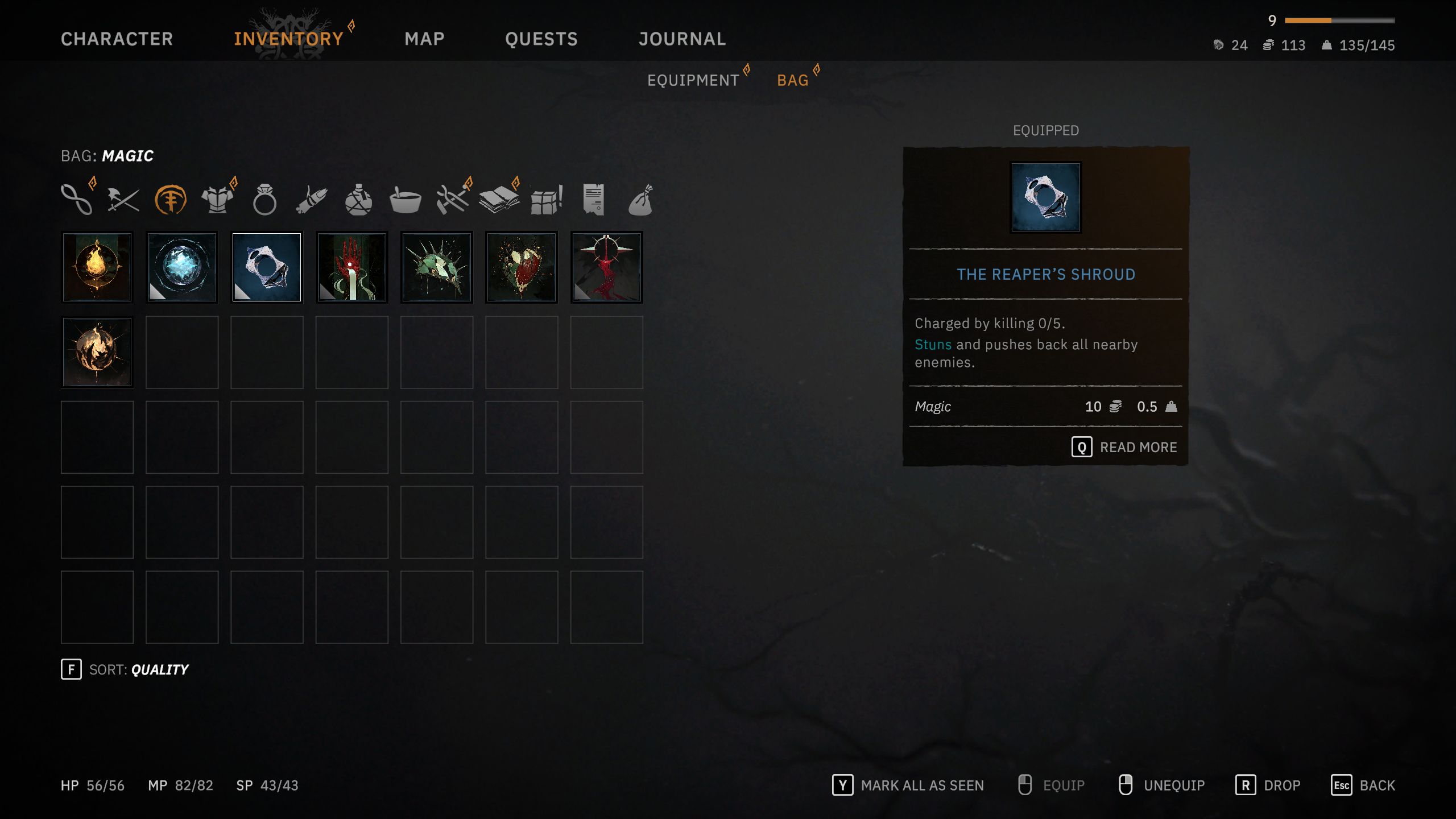 Reaper's Shroud menu info in Tainted Grail: The Fall Of Avalon.