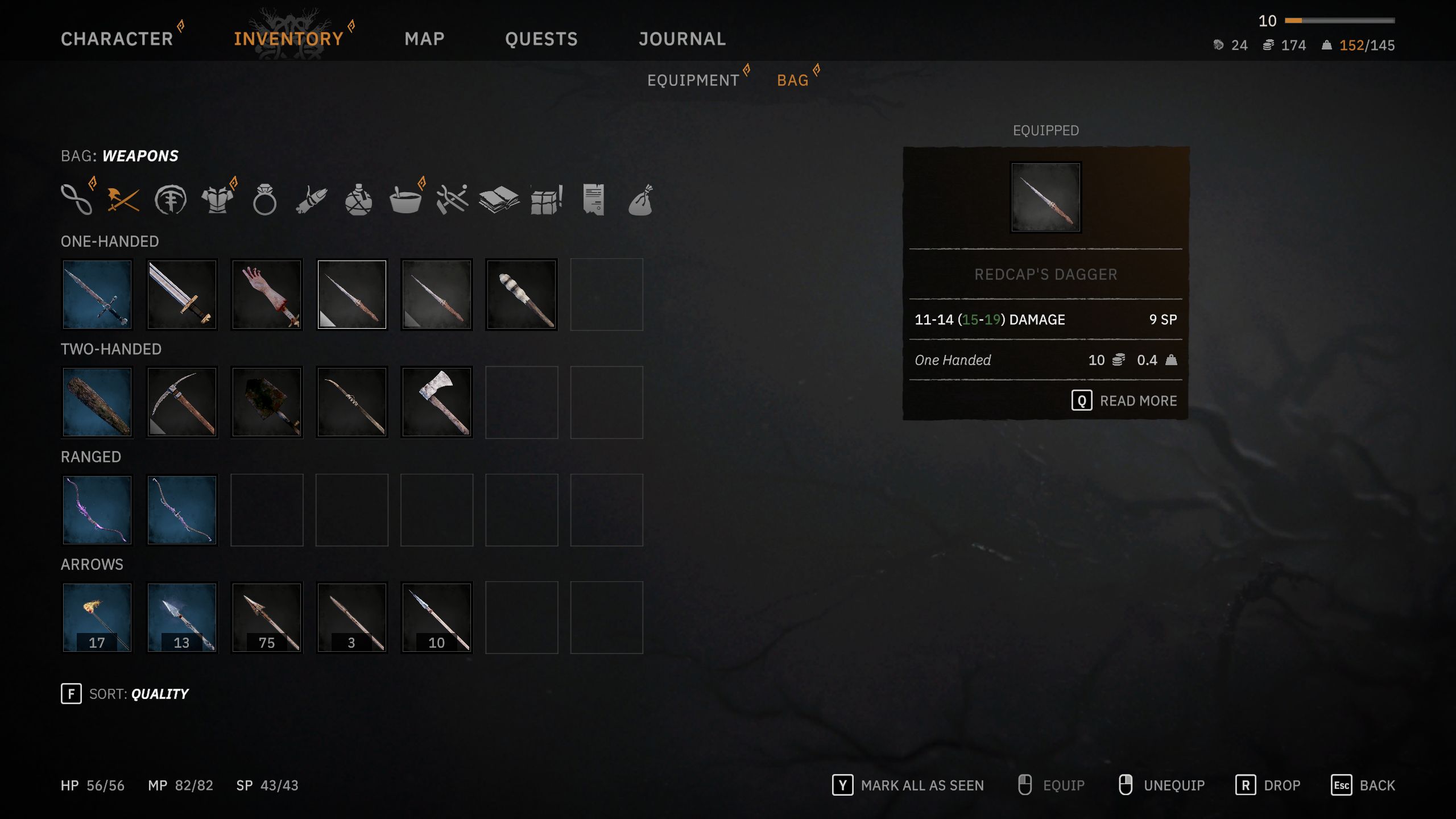 Redcap's Dagger menu in Tainted Grail: The Fall Of Avalon.