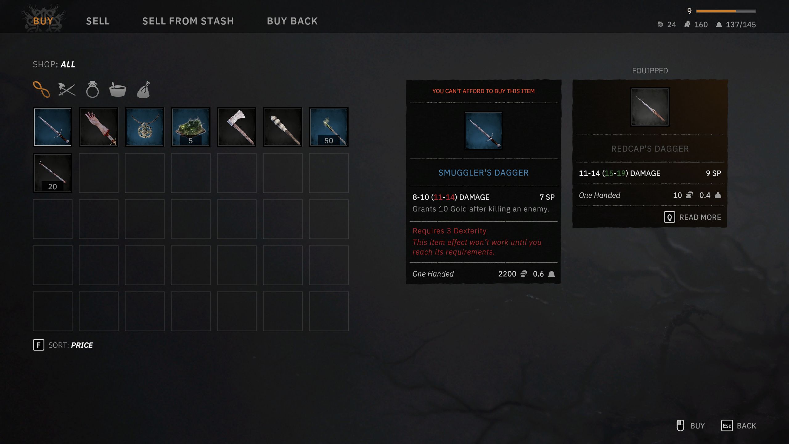 Smuggler Dagger Shop menu in Tainted Grail: The Fall Of Avalon.