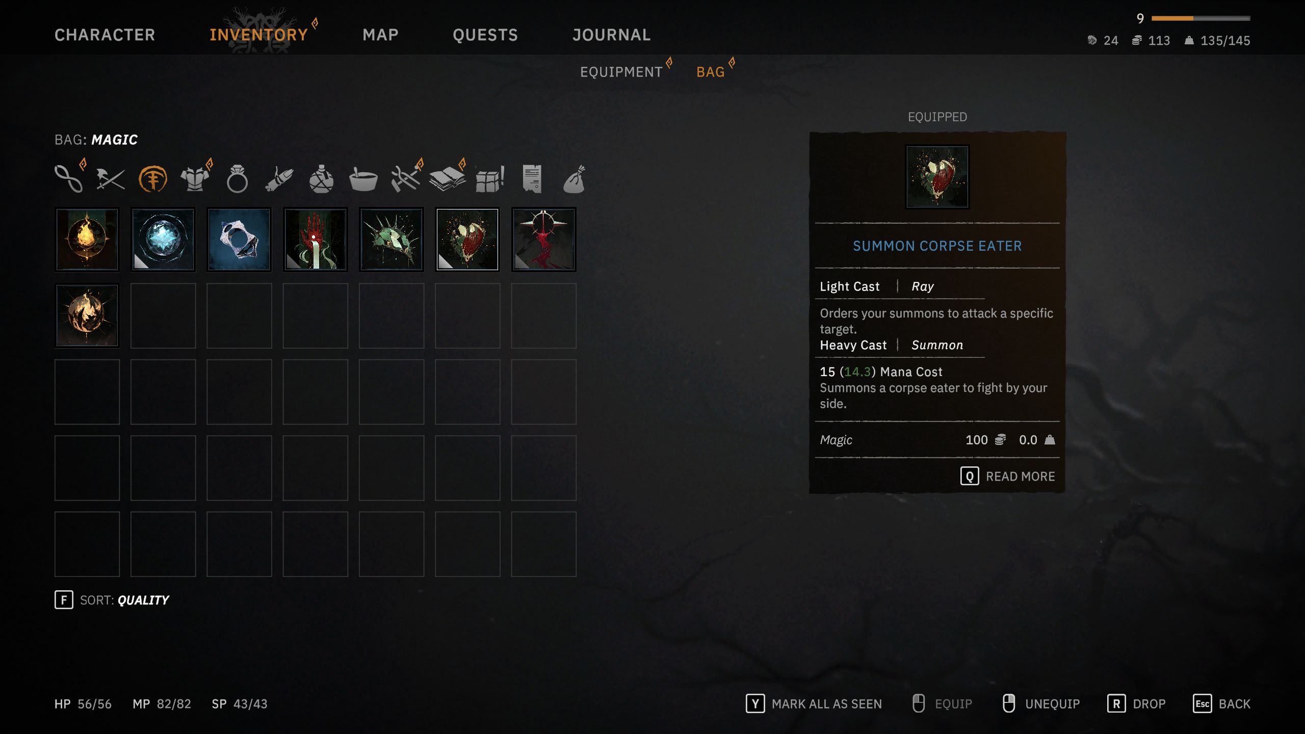 Summon Corpse menu info in Tainted Grail: The Fall Of Avalon