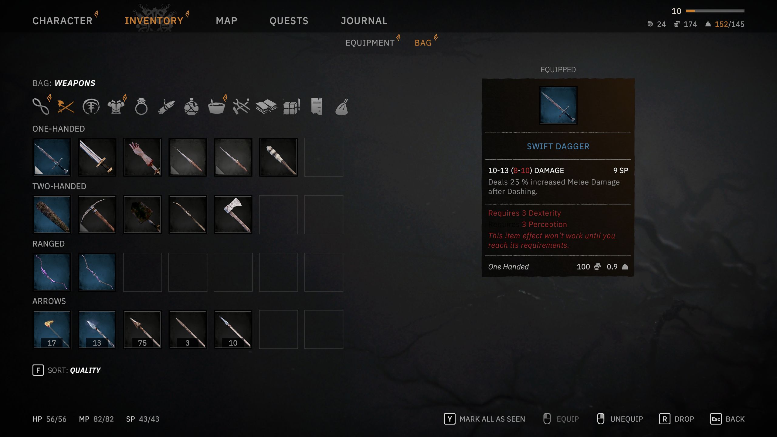 Swift Dagger menu in Tainted Grail: The Fall Of Avalon.