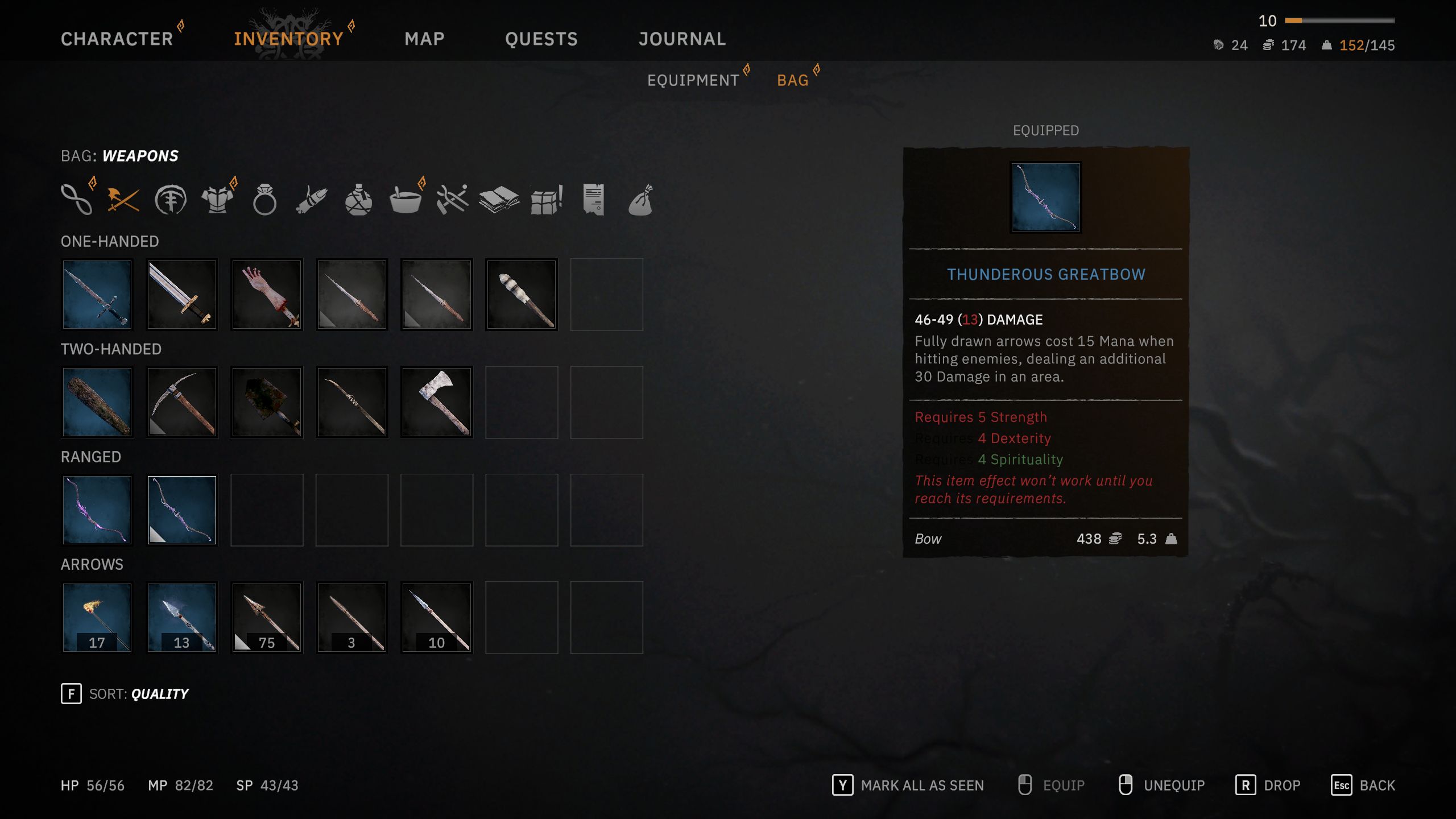 Thunderous Greatbow menu in Tainted Grail: The Fall Of Avalon.