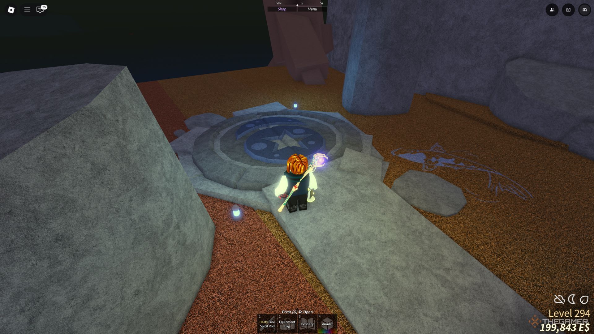 The player character shows the Blue Moon location on Lushgrove Island in Fisch.