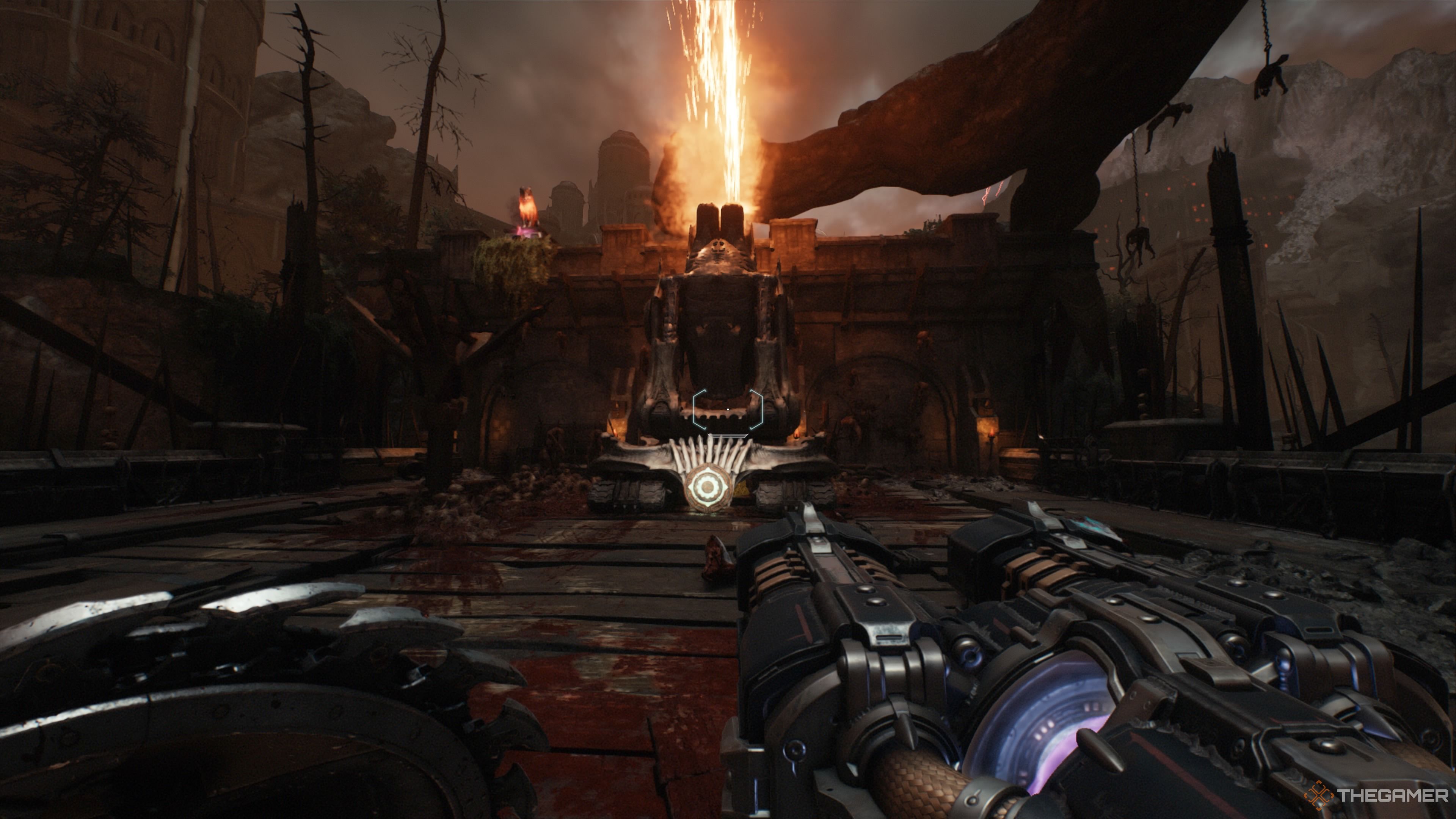 Орудие и статуя волка в северной части главы «Возрождение» Doom: The Dark Ages.