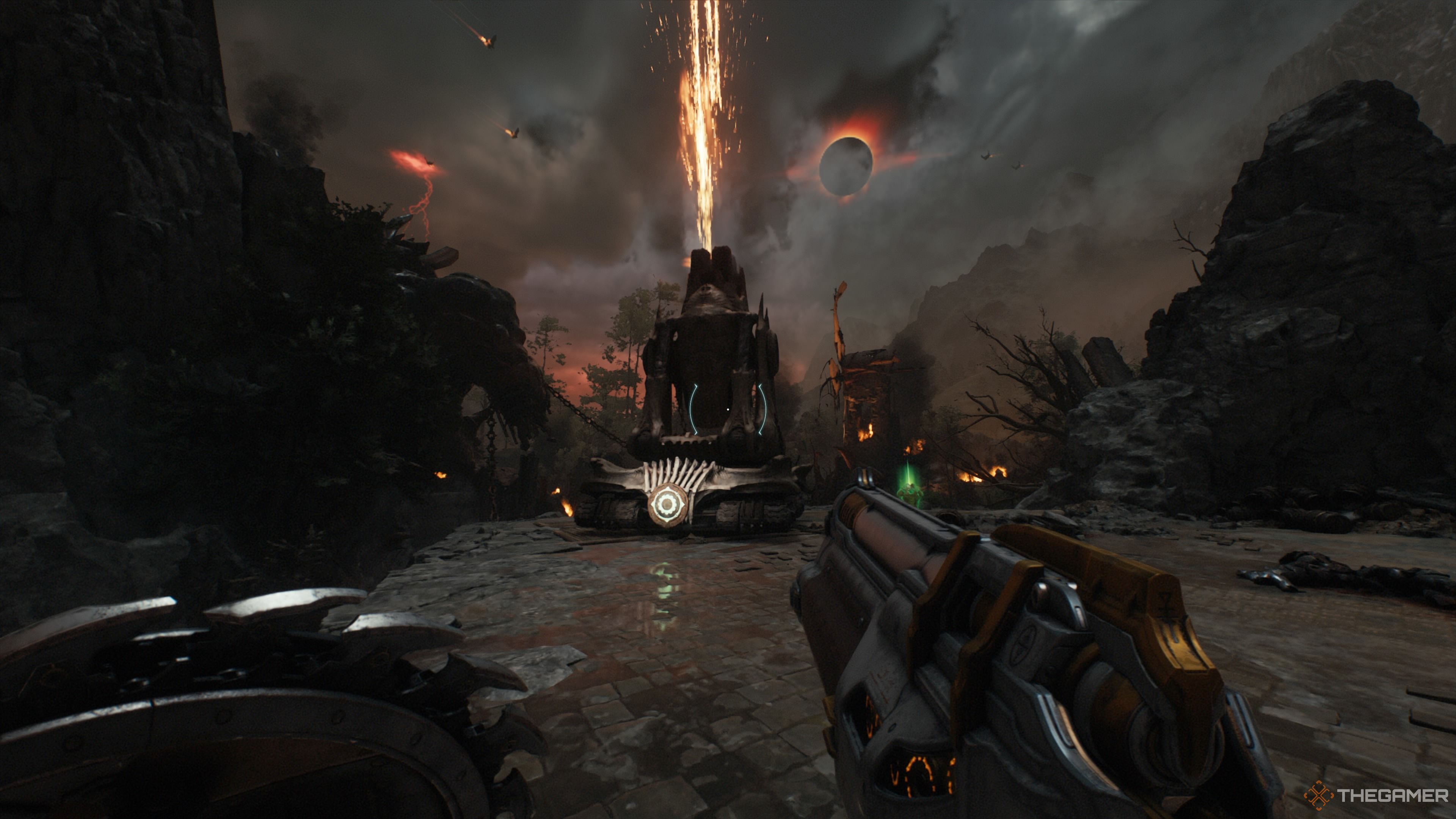 Орудие, скрывающее область под ним, в главе «Возрождение» Doom: The Dark Ages.