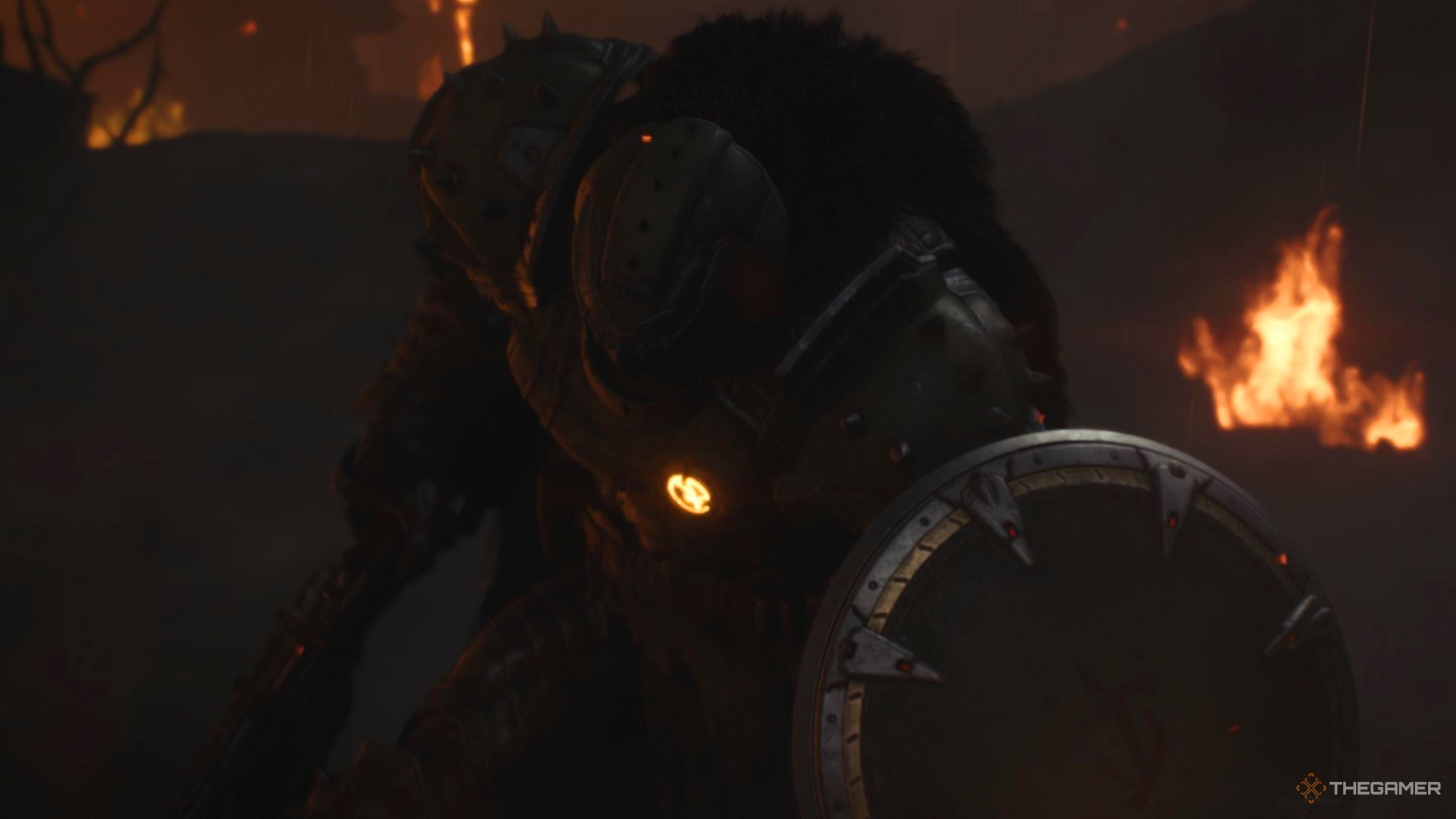 Палач Рока поднимается после телепортации сверху в Doom The Dark Ages.