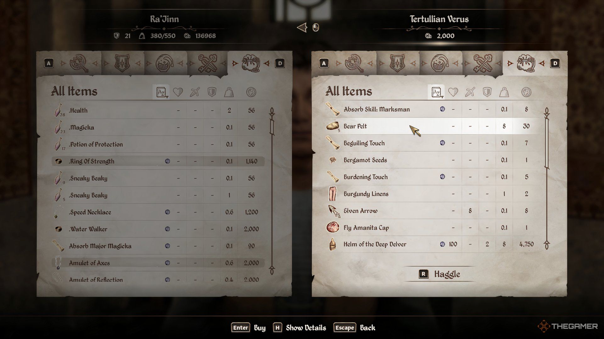 Buying bear pelts in The Elder Scrolls IV Oblivion Remastered.