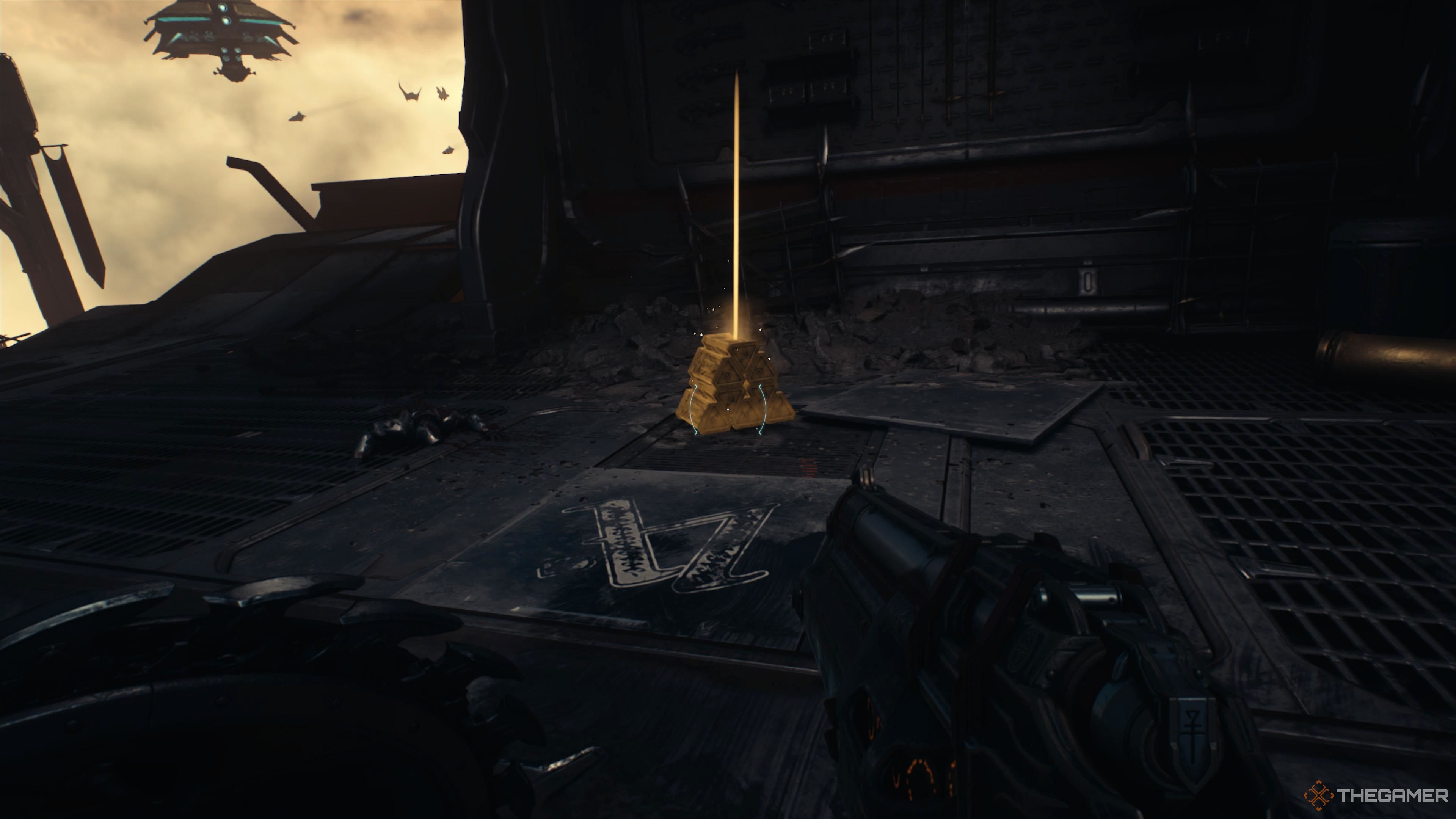 The gold in the hanger of the lower Hell Carrier in Doom The Dark Ages.