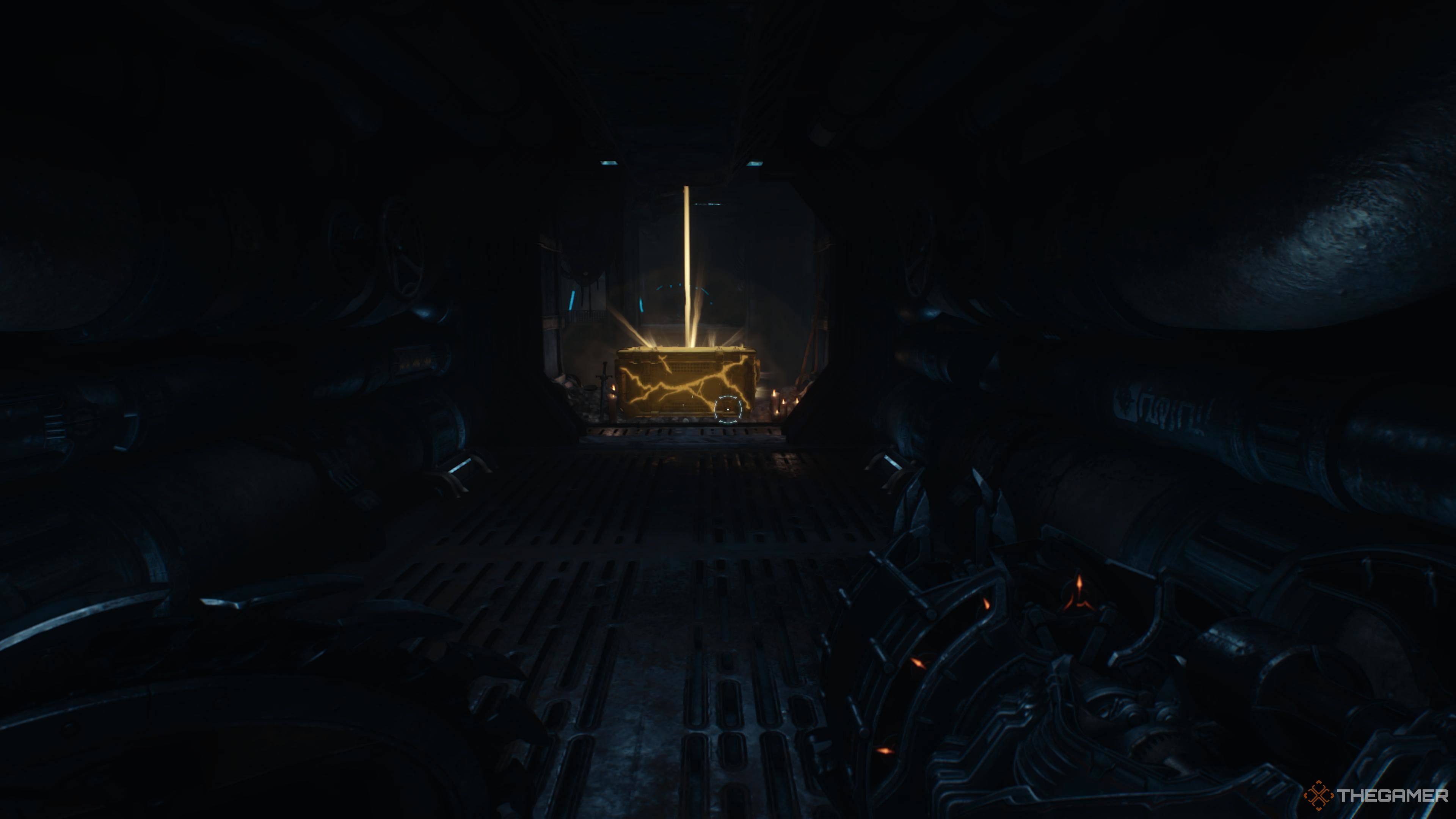 The golden chest above the Hebeth Sentinel Shrine in Doom The Dark Ages.