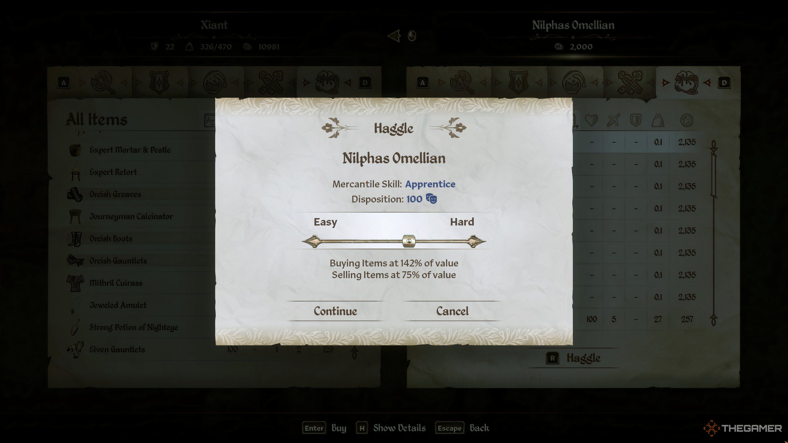 The Haggle menu with a merchant in Oblivion Remastered.