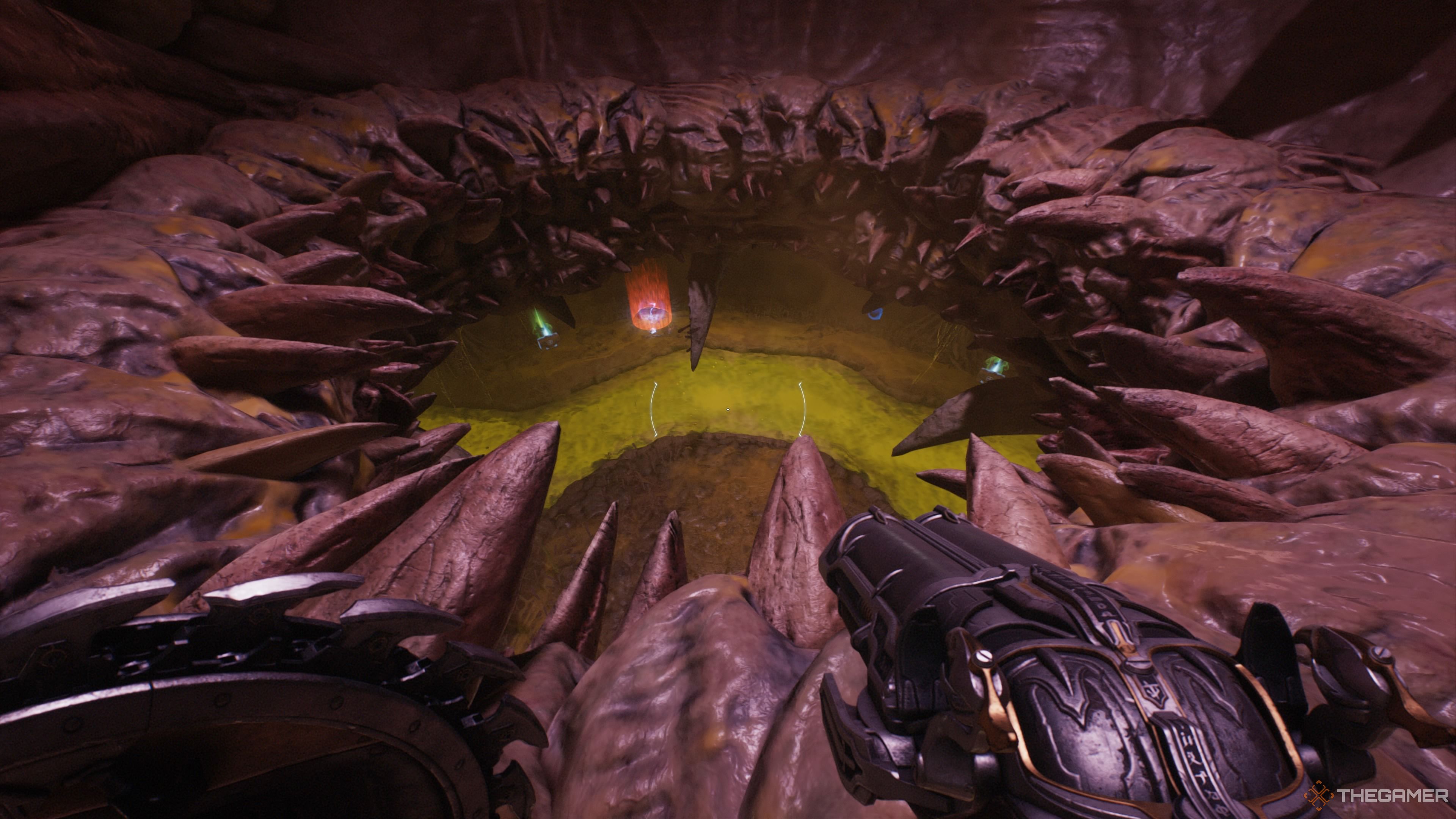 The hole that leads to the toy in the Belly of the Beast chapter of Doom The Dark Ages.