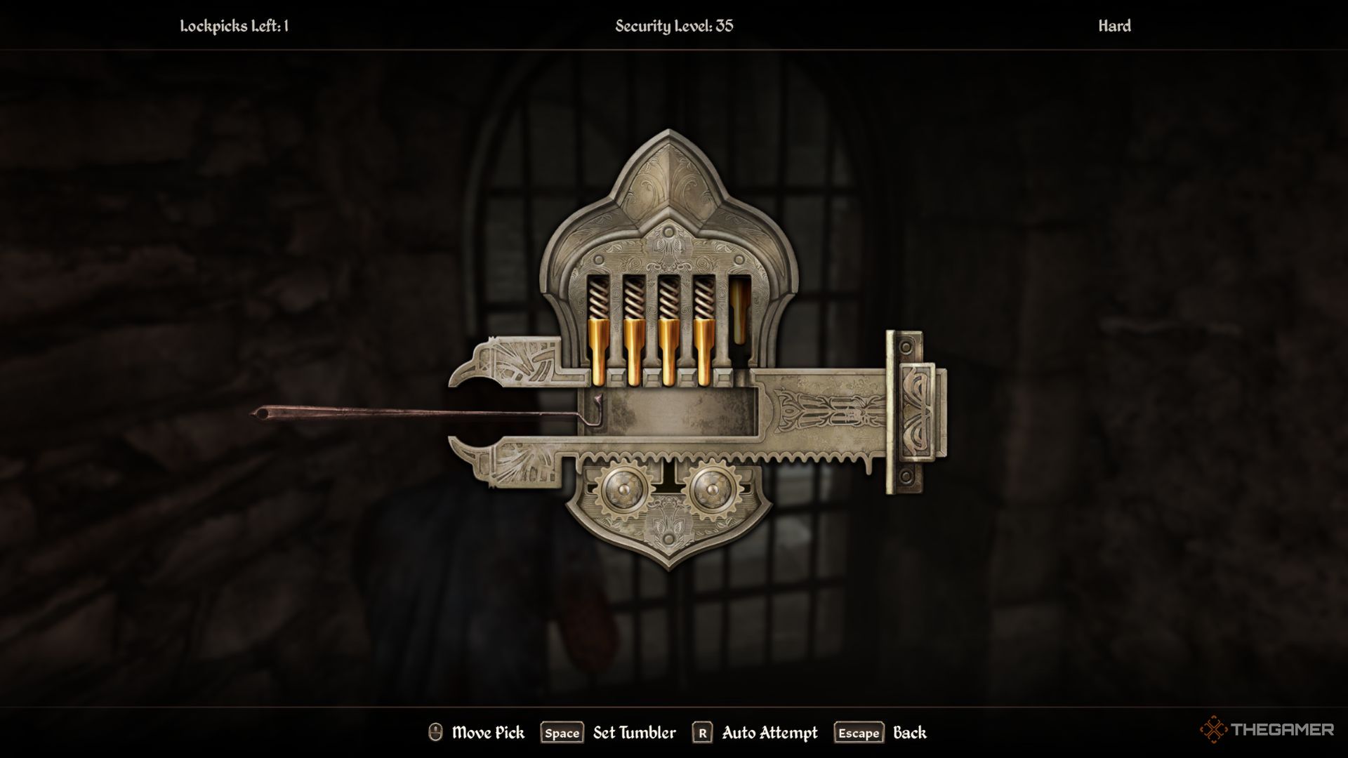 The player character trying to complete the lockpicking minigame in Oblivion Remastered.