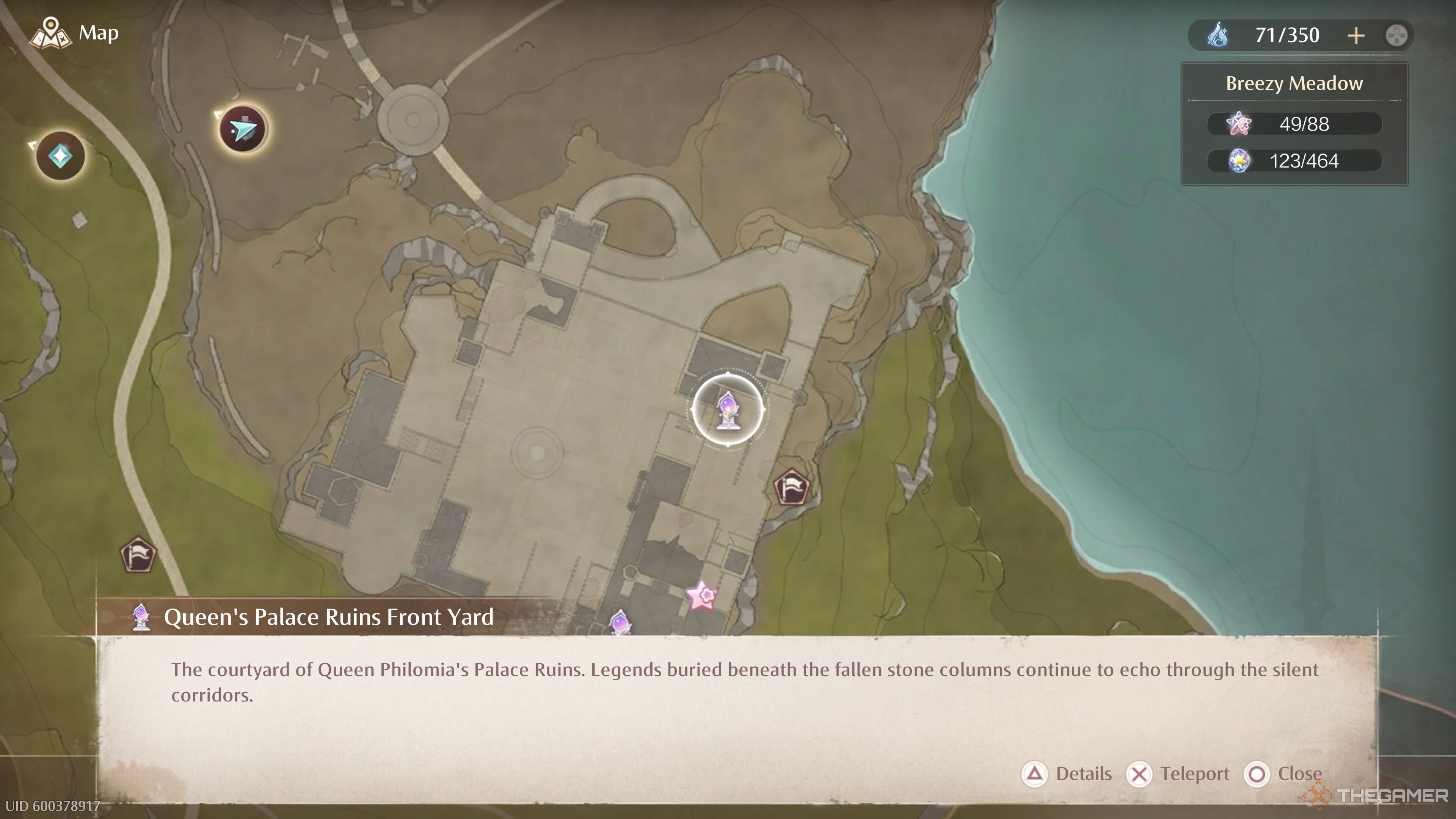 Расположение на карте Шпиля 'Передний Двор Руин Дворца' в Infinity Nikki.