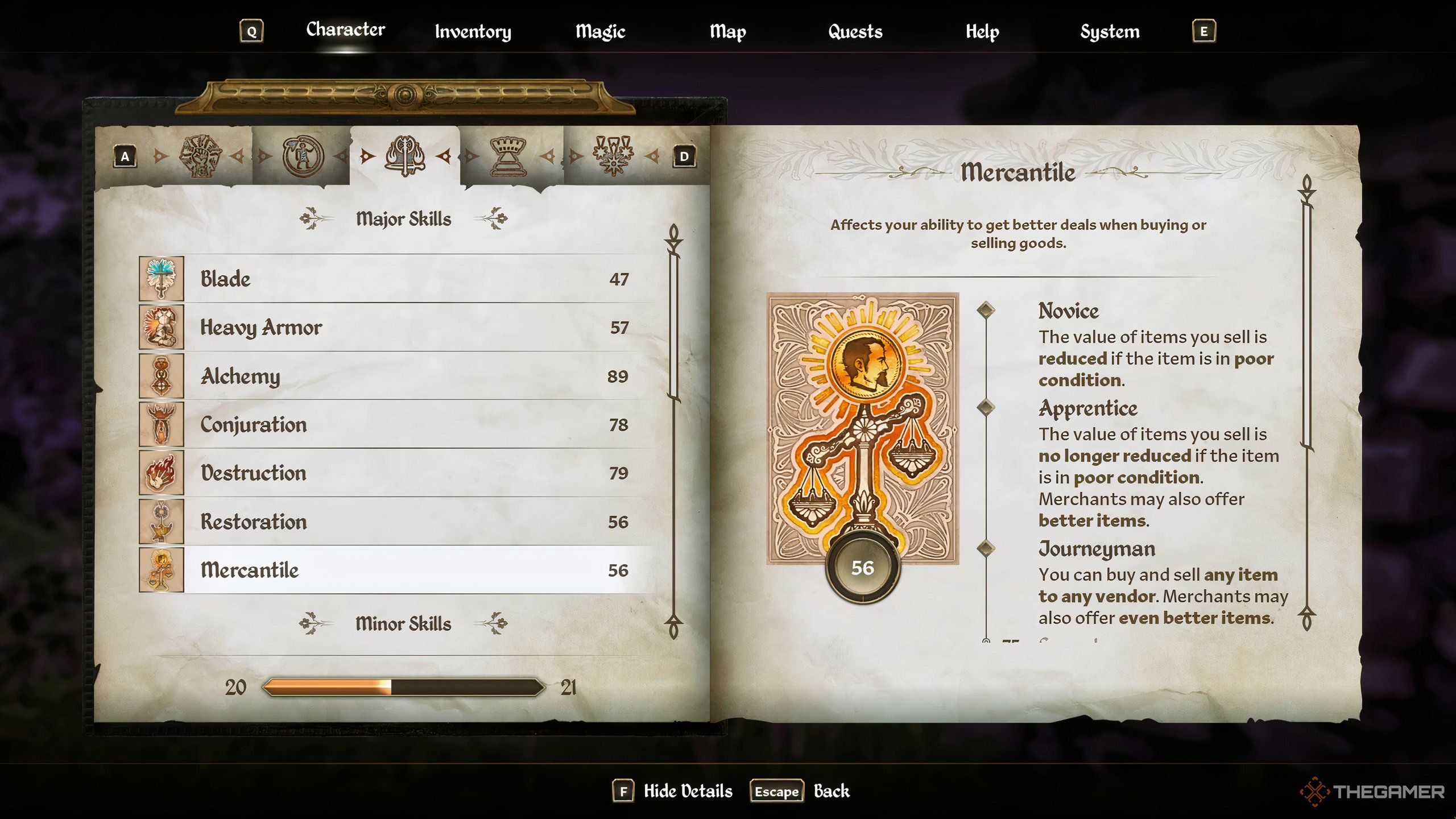 The Mercantile skill page in Oblivion Remastered.
