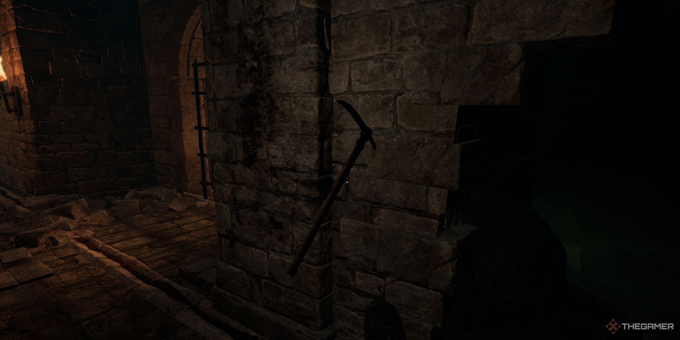 The pickaxe stuck in the wall in the Asylum section of Tainted Grail The Fall of Avalon.