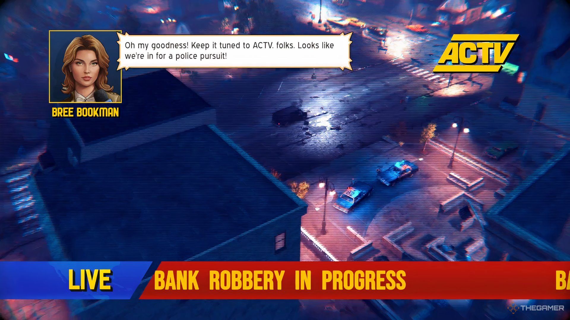 The Precinct A shot of the live feed with a reporter talking about a police chase.