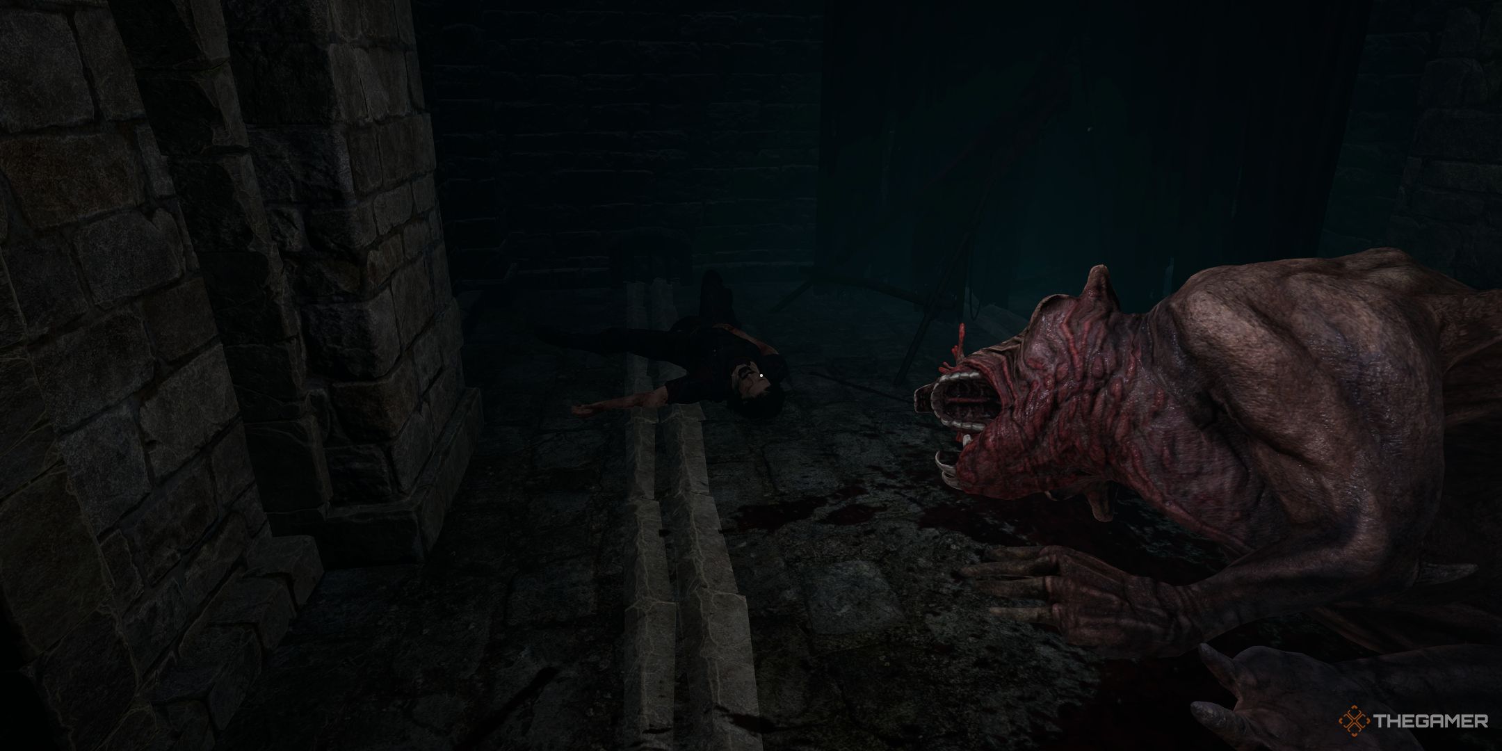 The Red Priest and Buggane corpse in the Asylum section of Tainted Grail The Fall of Avalon.