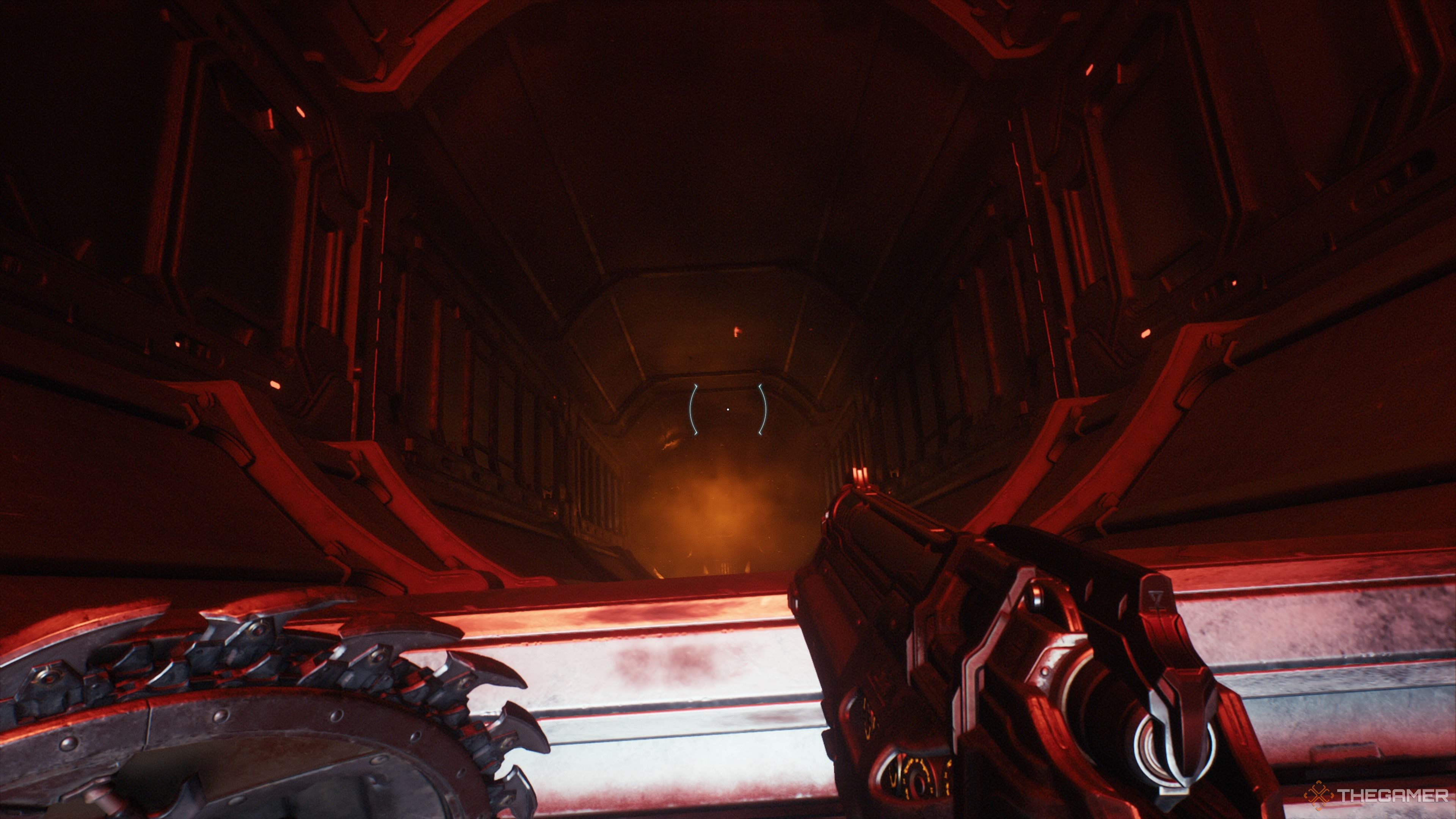 The Sentinel Barracks massive drop down an elevator shaft in Doom The Dark Ages.